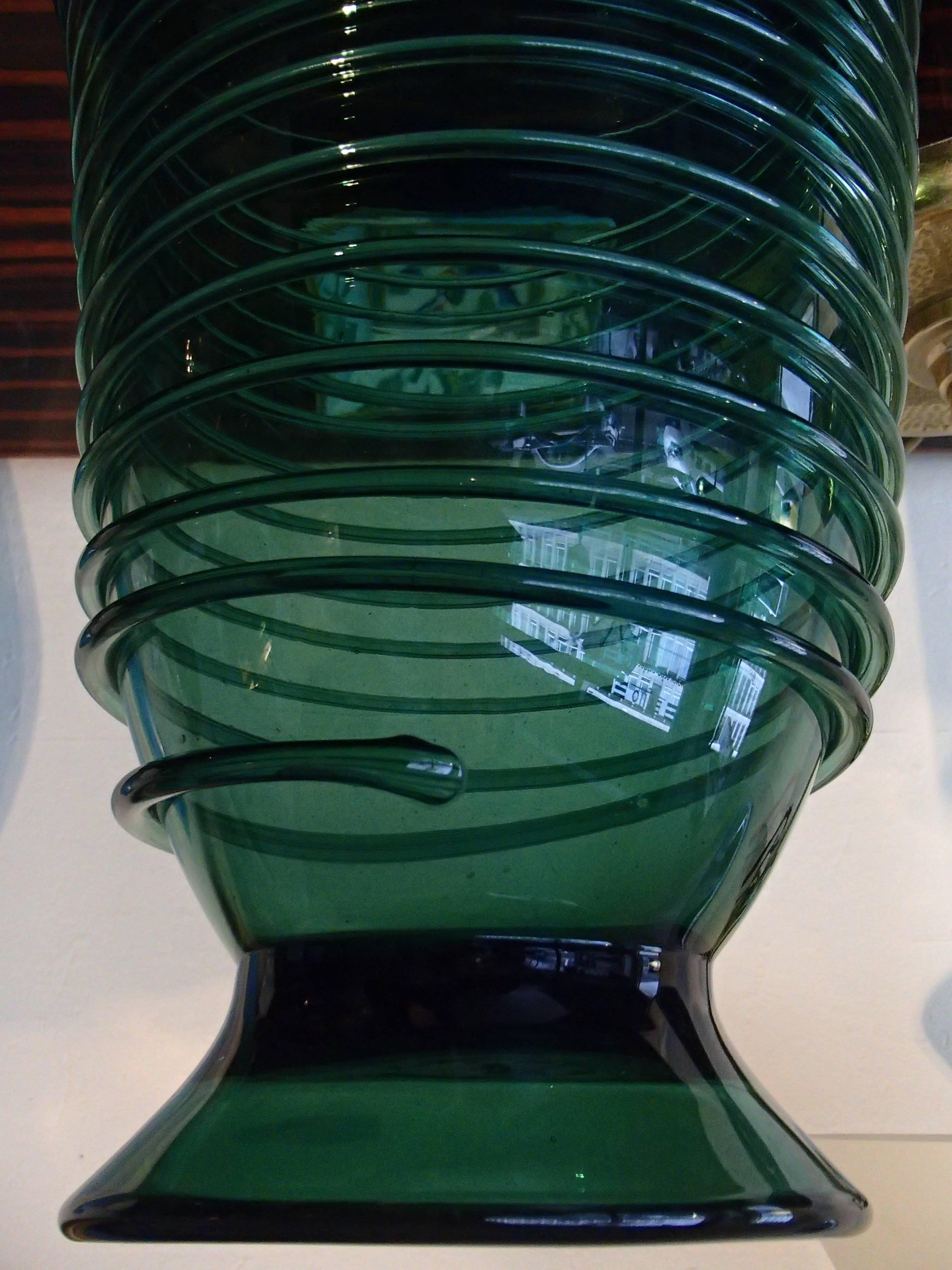Art Glass Midcentury Huge Green Glass Vase with Spiral Decor