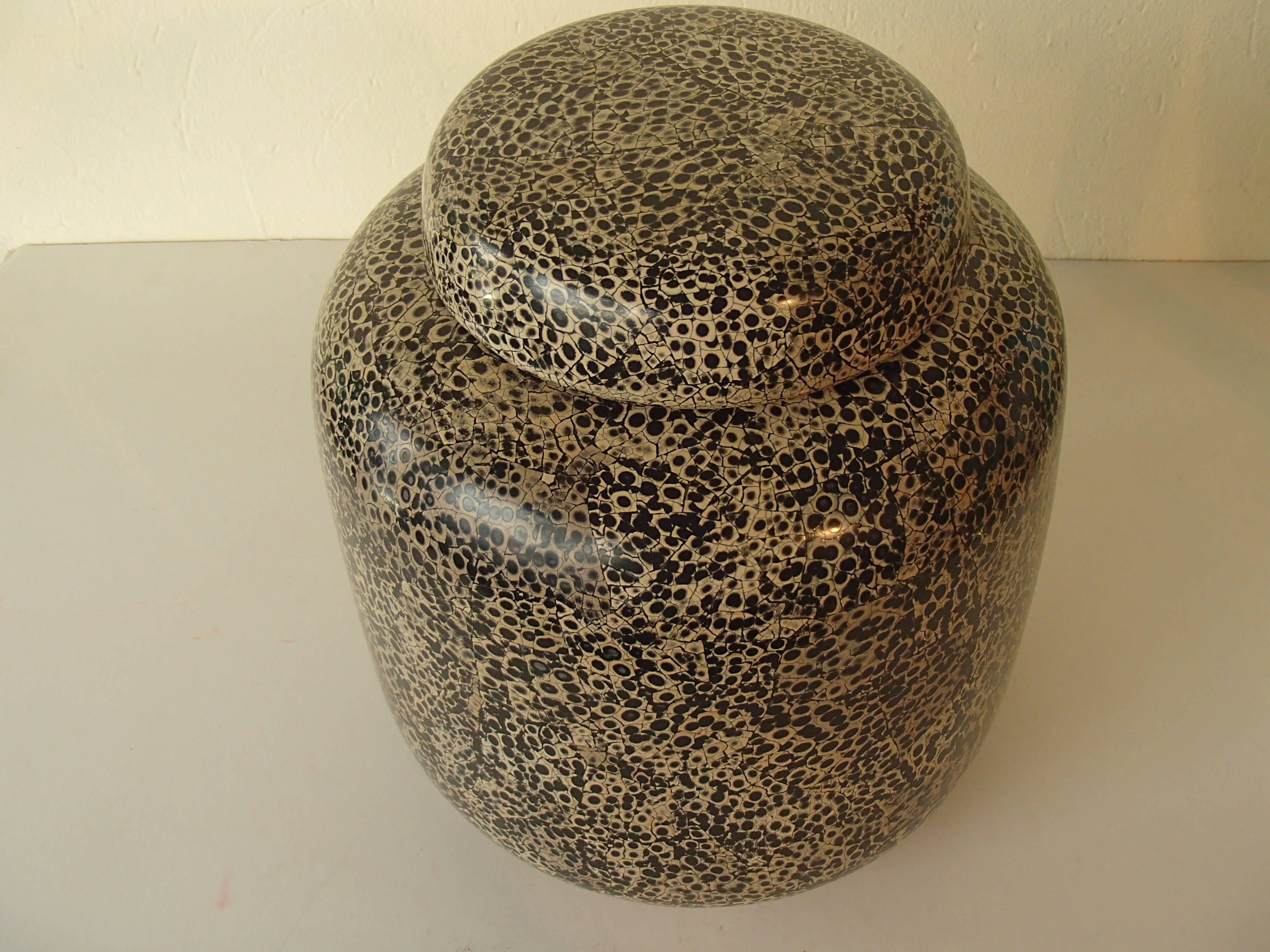 Late 20th Century Modern Ceramic Vase with Lid Cream and Black by Les Comproir D'annam