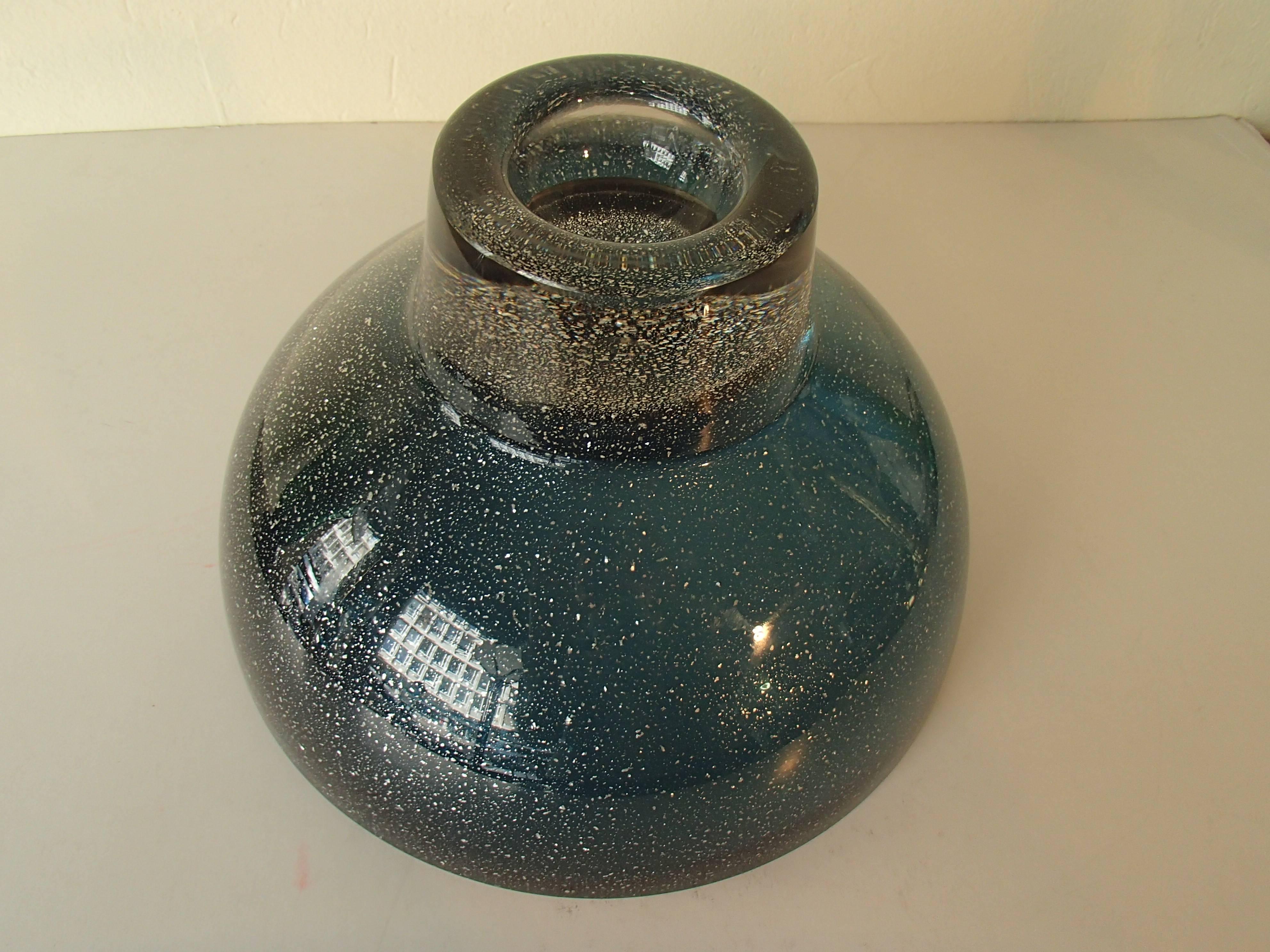 Art Glass Mid-Century Modern Vessel Blue with Silver Inlays by Graal Glas Signed FS 66 For Sale