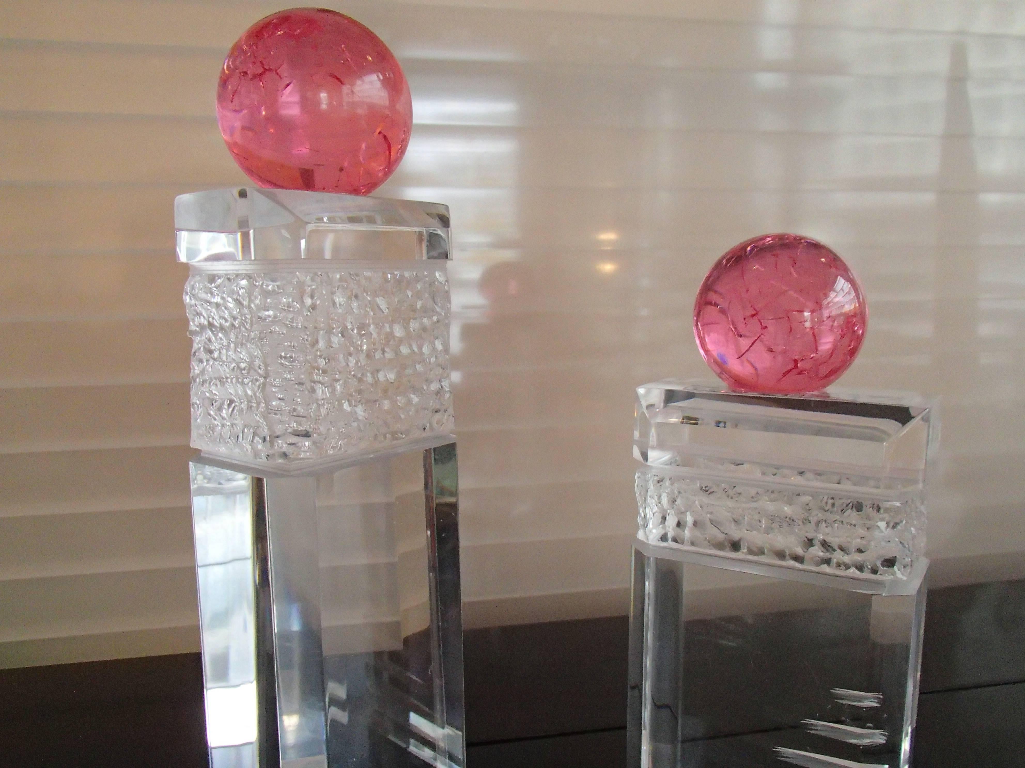 American Pair of Modern Haziza Plexi Glass Sculptures Transparent and Pink Ball For Sale
