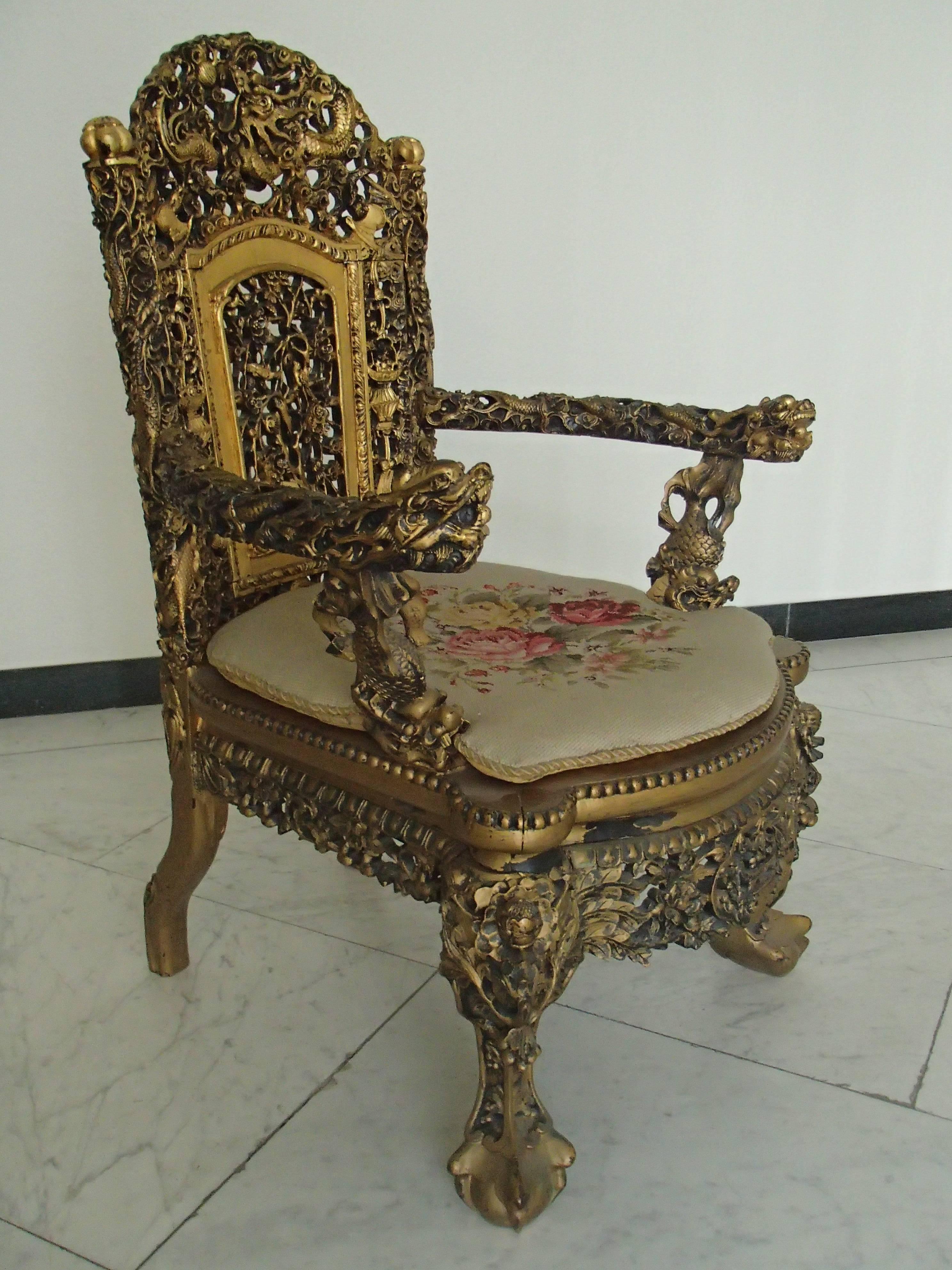 Chinoiserie 1930 Chinese Armchair Sculpted and Gold-Plated with Goblin For Sale