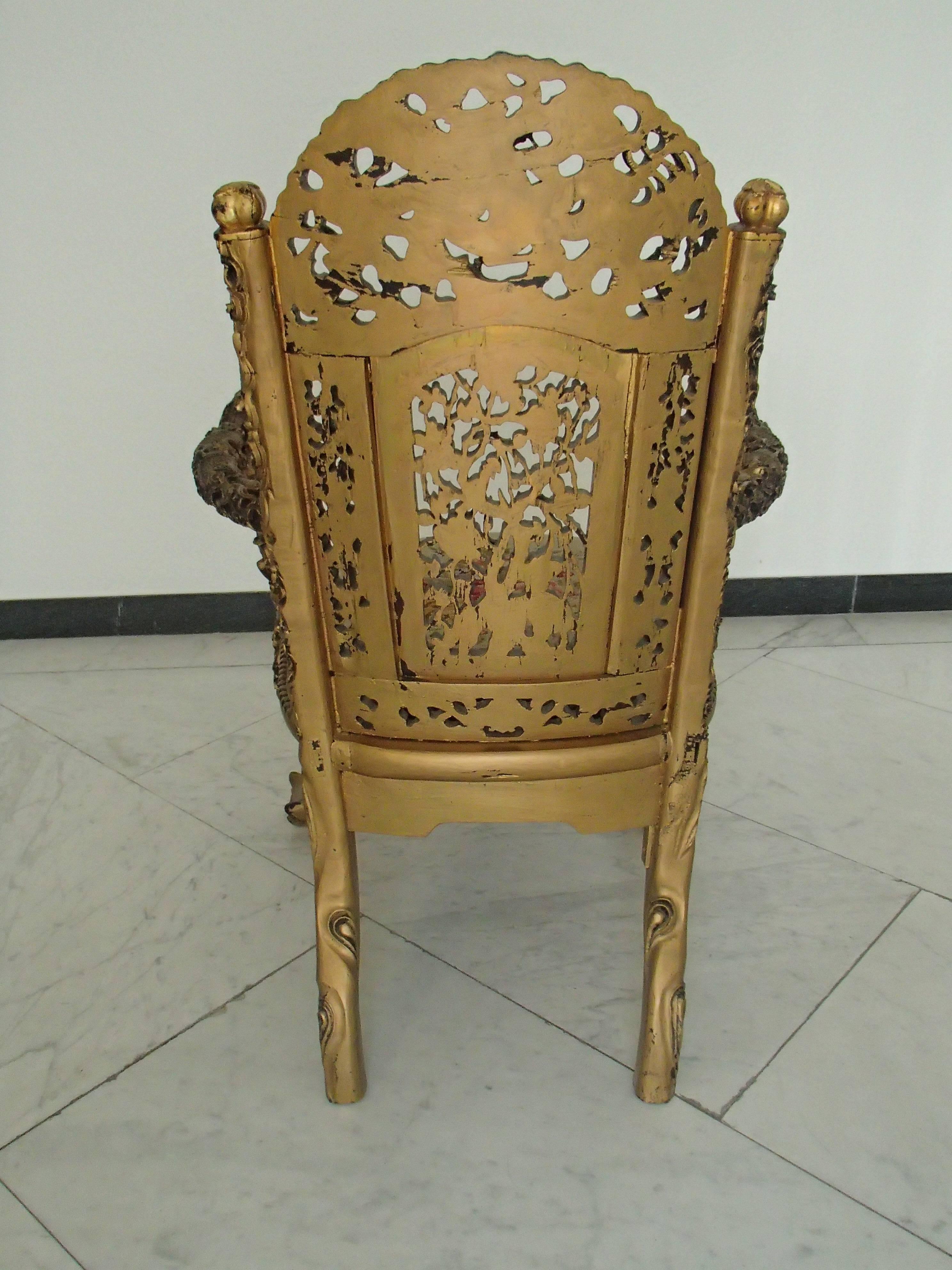 Hand-Carved 1930 Chinese Armchair Sculpted and Gold-Plated with Goblin For Sale