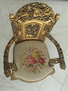1930 Chinese Armchair Sculpted and Gold-Plated with Goblin