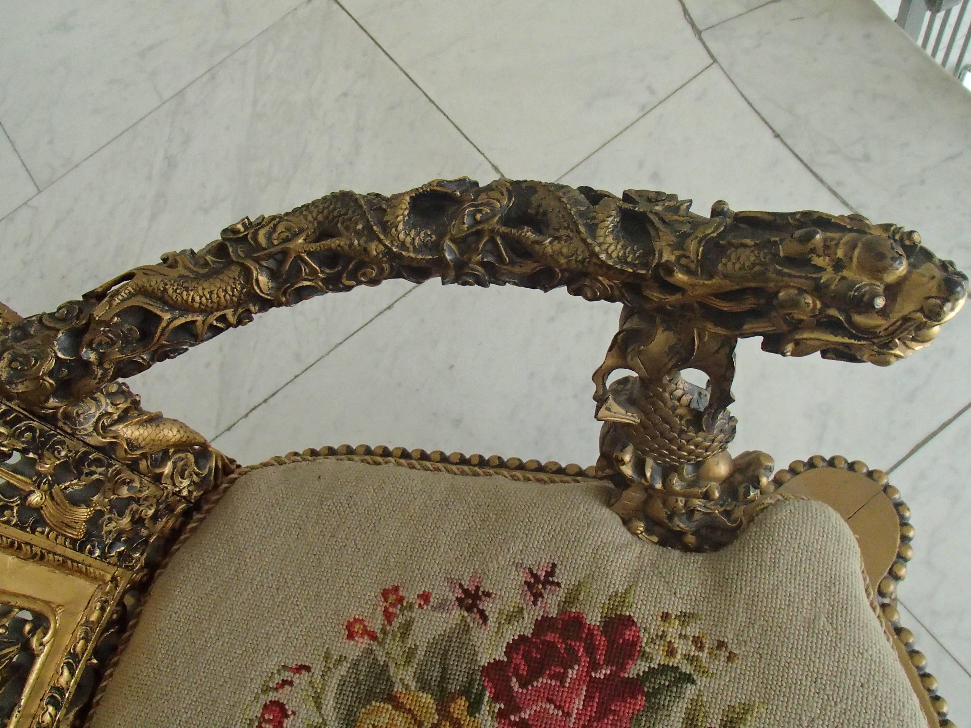 1930 Chinese Armchair Sculpted and Gold-Plated with Goblin For Sale 3