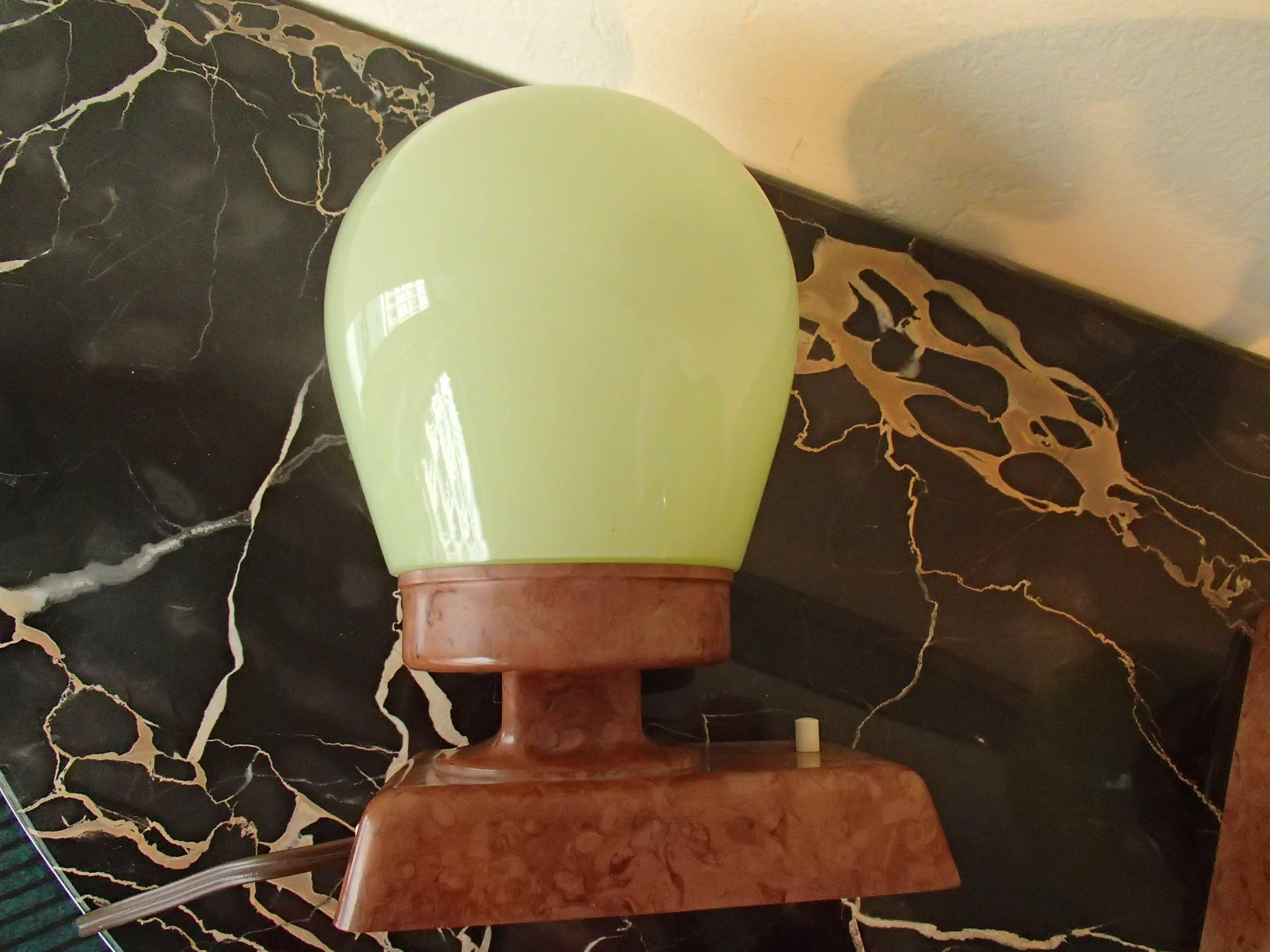 Blown Glass Bauhaus Pair of Table Lamps or Wall Lights Brown Bakelite and Clear Green Glass