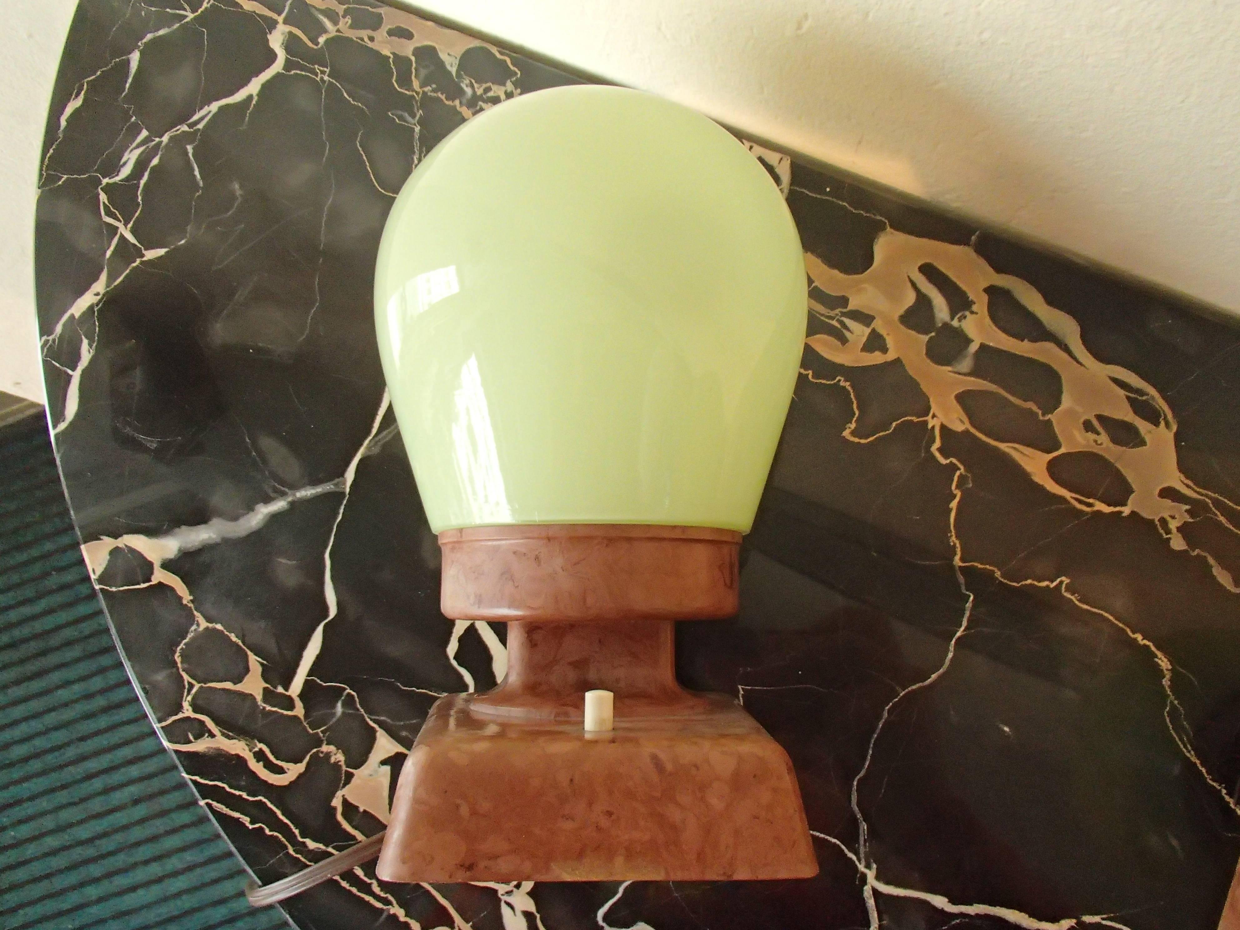 Bauhaus Pair of Table Lamps or Wall Lights Brown Bakelite and Clear Green Glass 2