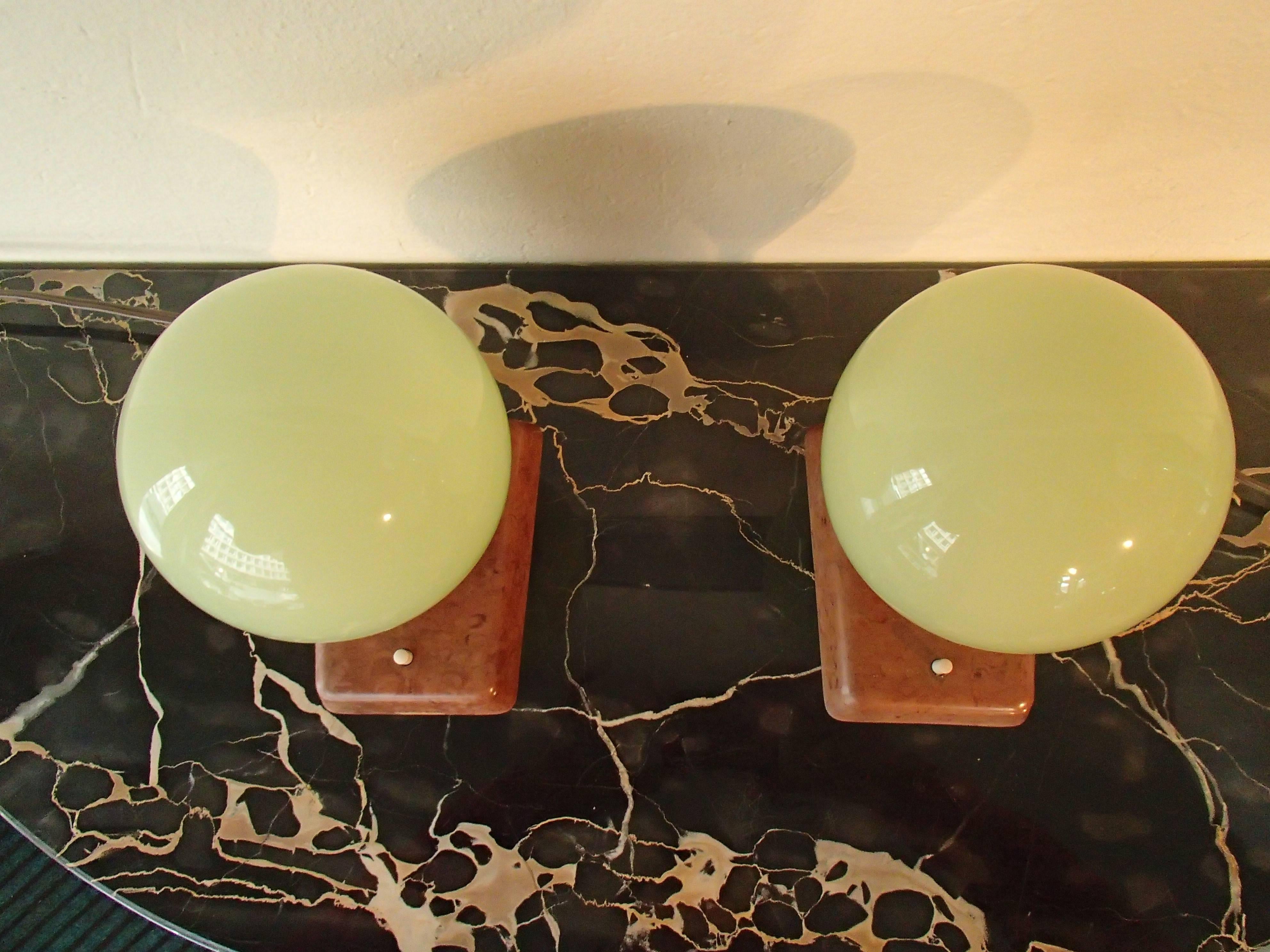 German Bauhaus Pair of Table Lamps or Wall Lights Brown Bakelite and Clear Green Glass