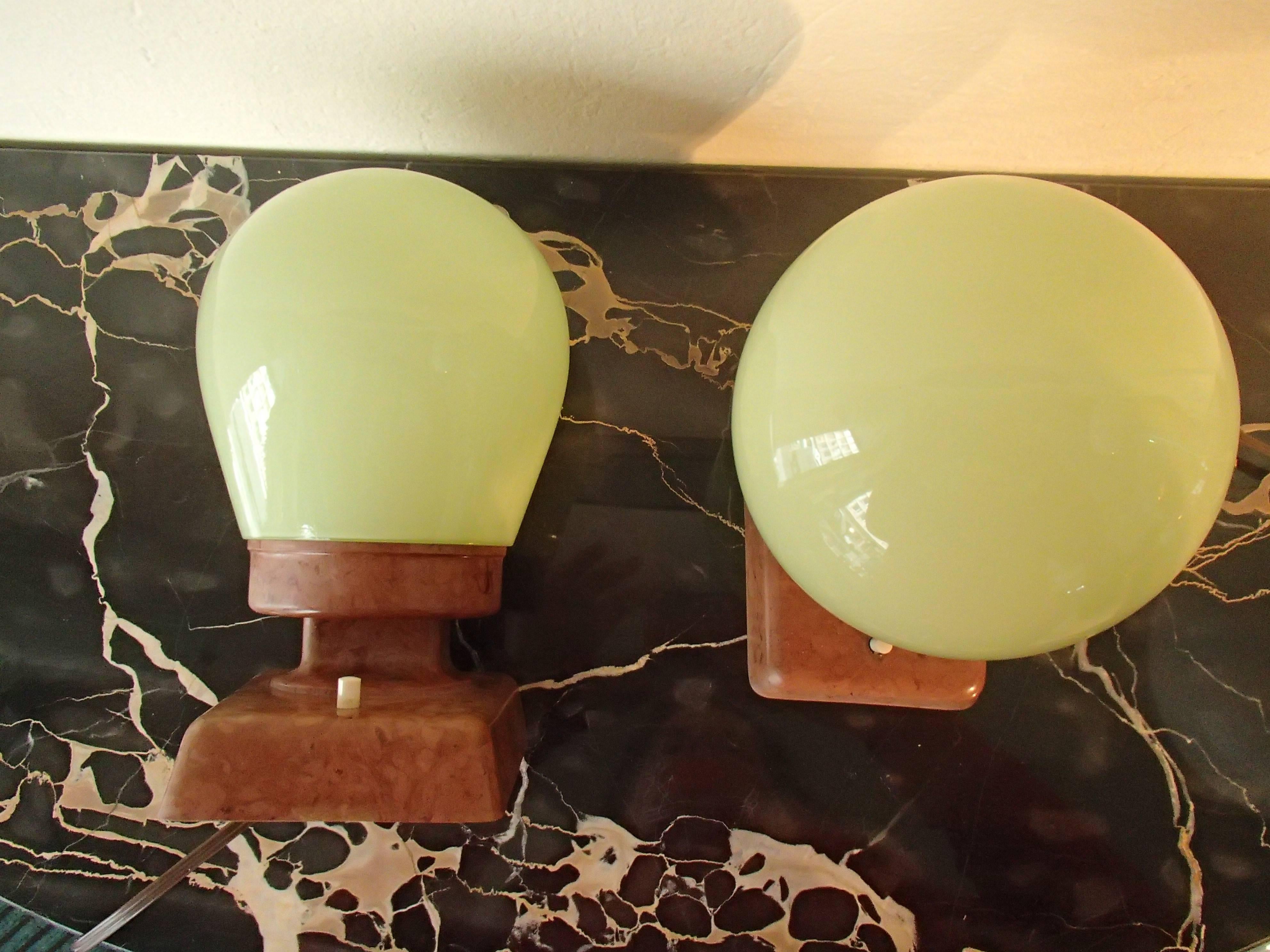 Bauhaus Pair of Table Lamps or Wall Lights Brown Bakelite and Clear Green Glass 3