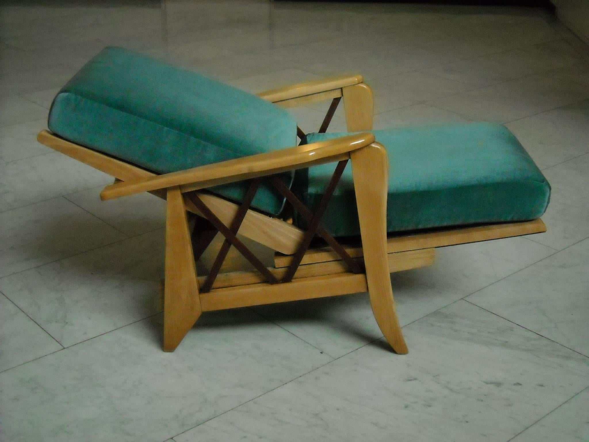 Mid-Century Modern extendable armchair two-tone birch blue velvet cushions.
