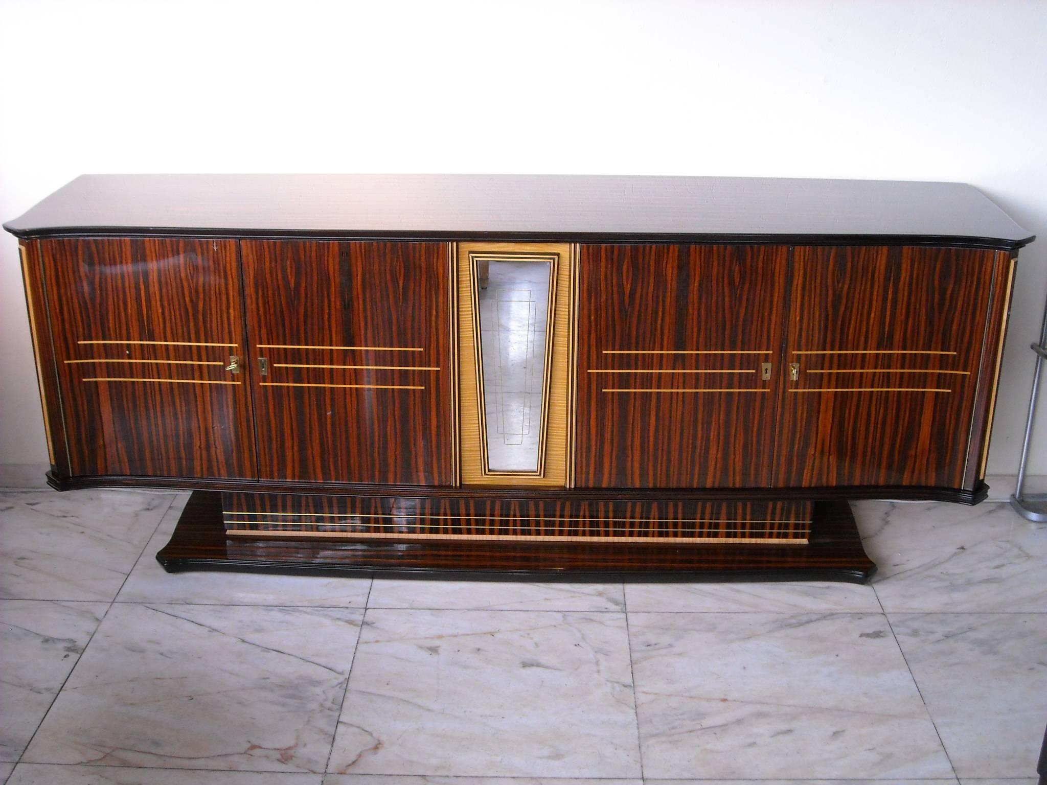 French Art Deco Large Sideboard Ebene de Macassar Birch Inlay and Mirror Front For Sale
