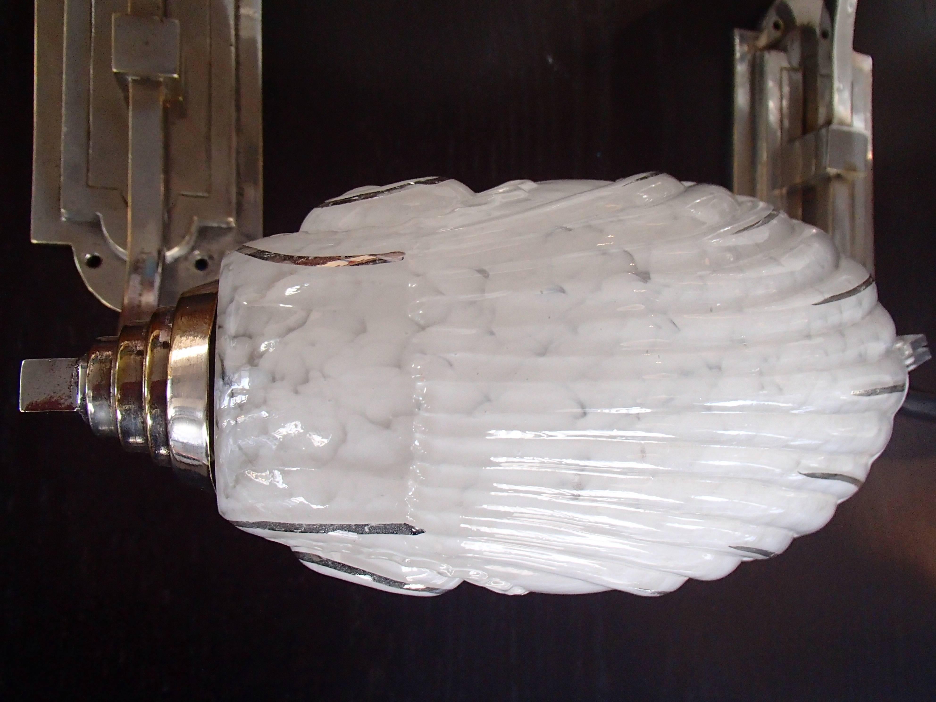 Art Deco pair of double wall lights scones with shell glass chrome fitting.