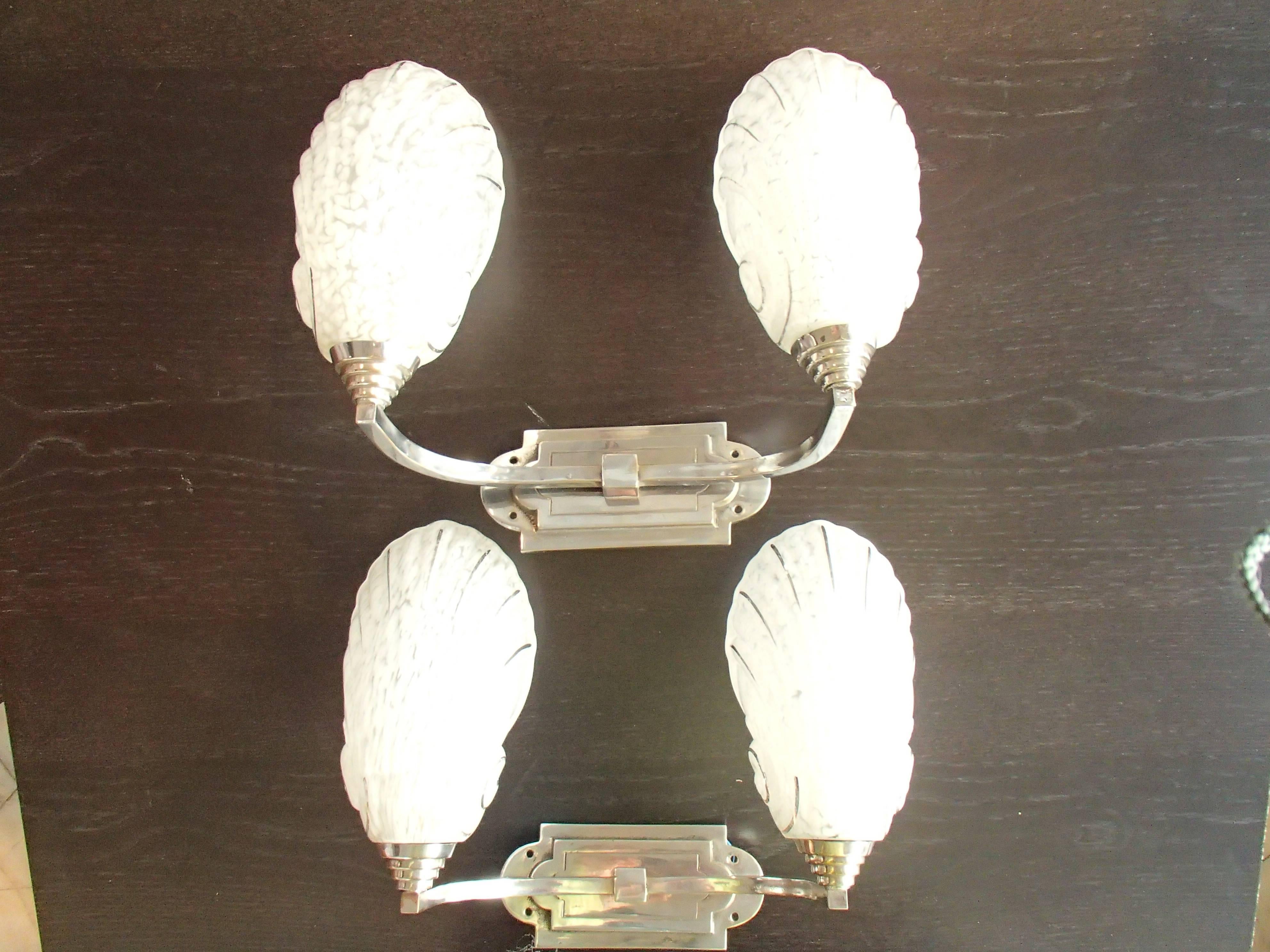 Art Glass Art Deco Pair of Double Wall Lights Scones with Shell Glass Chrome Fitting