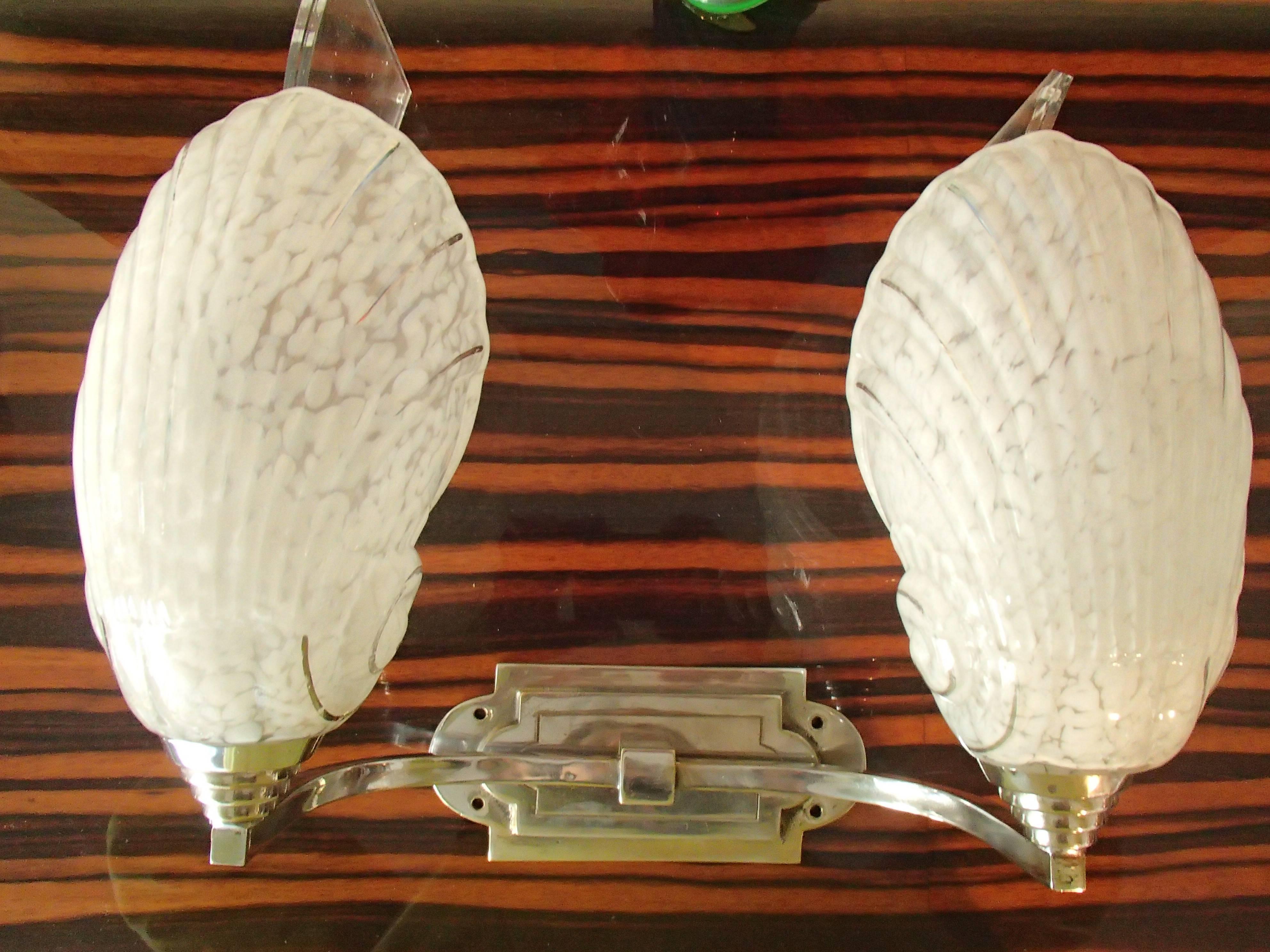 Art Deco Pair of Double Wall Lights Scones with Shell Glass Chrome Fitting 2