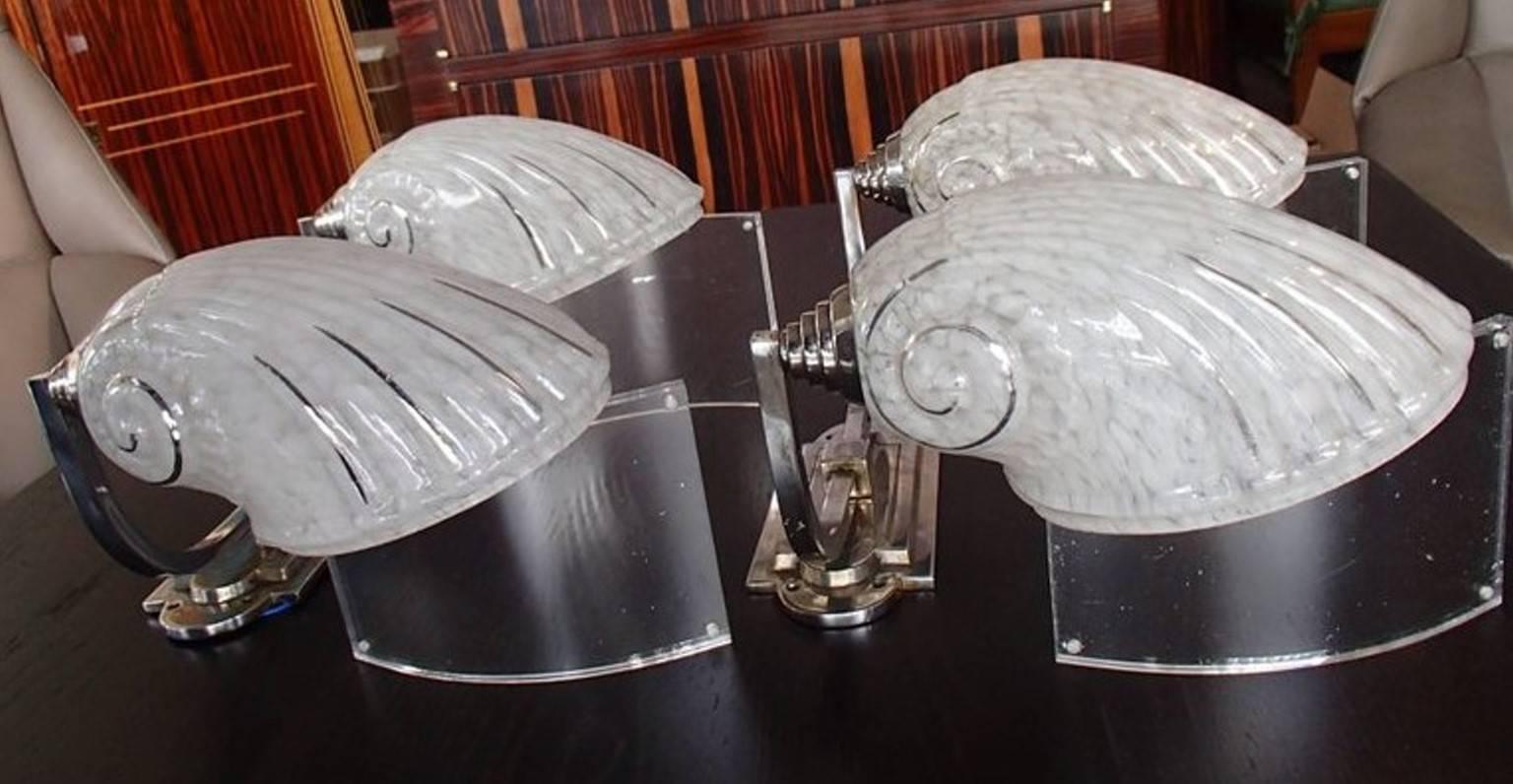 Art Deco Pair of Double Wall Lights Scones with Shell Glass Chrome Fitting 3