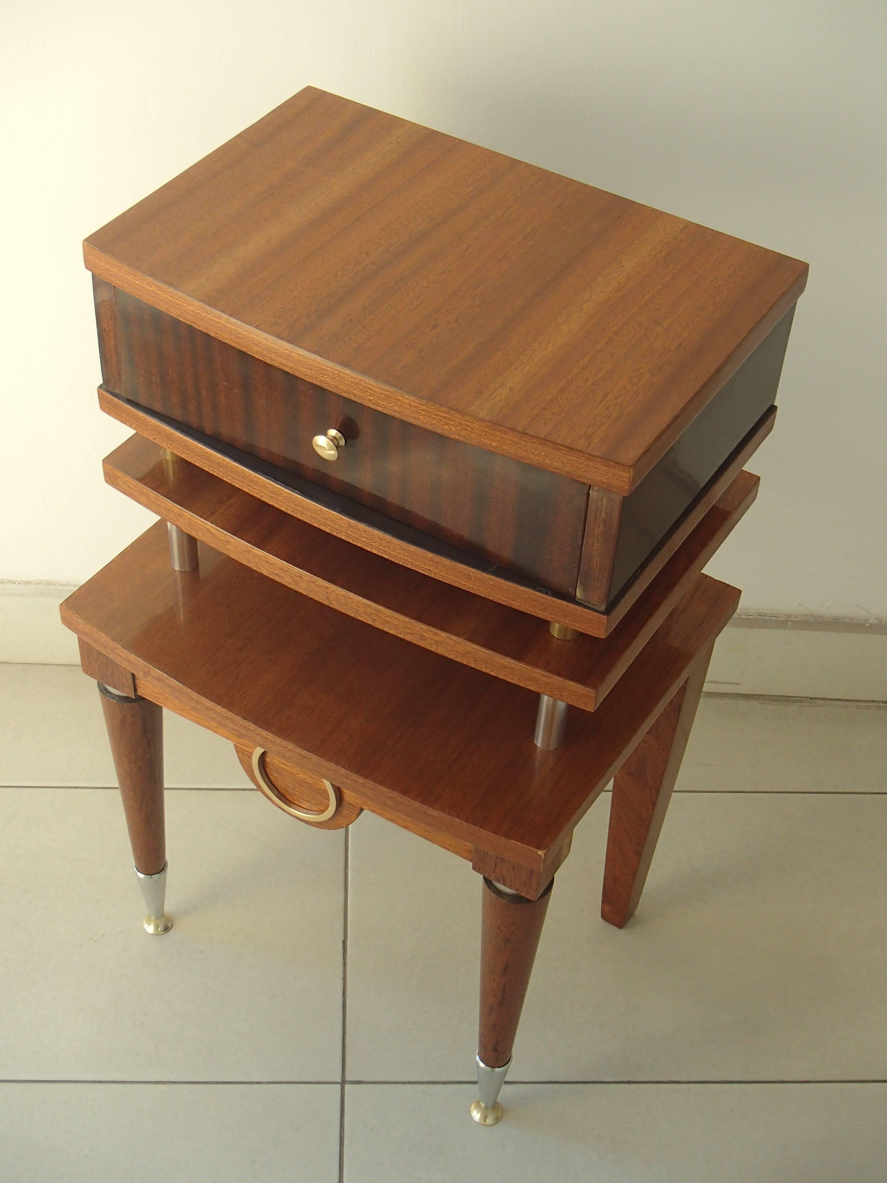 French Art Deco Pair Nightstands or Side Tables Mahogany and Brass