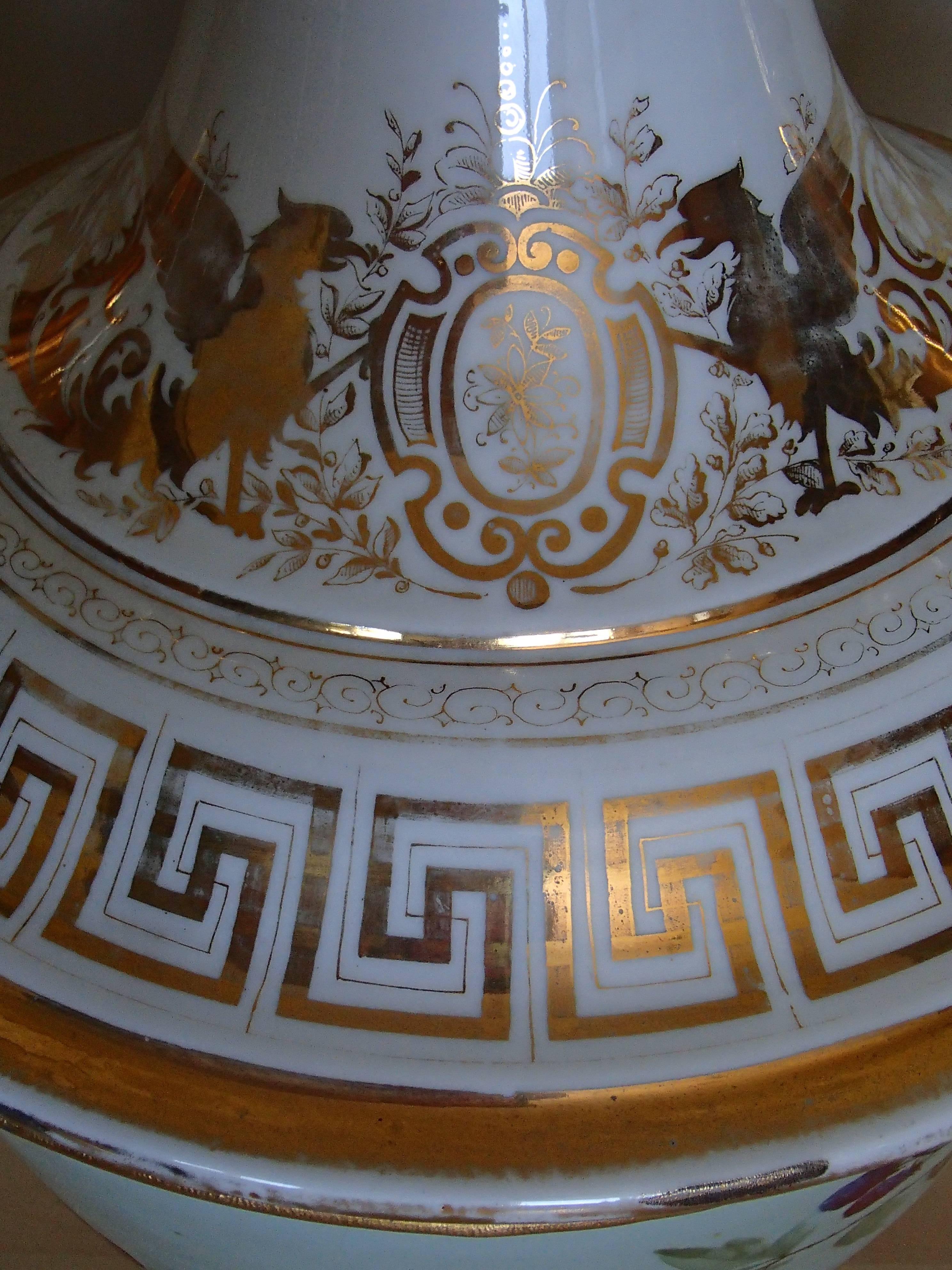 Swiss Art Nouveau Huge Porcelain Floor Amphora with Birds Gold Handles by J.Bünzli  For Sale