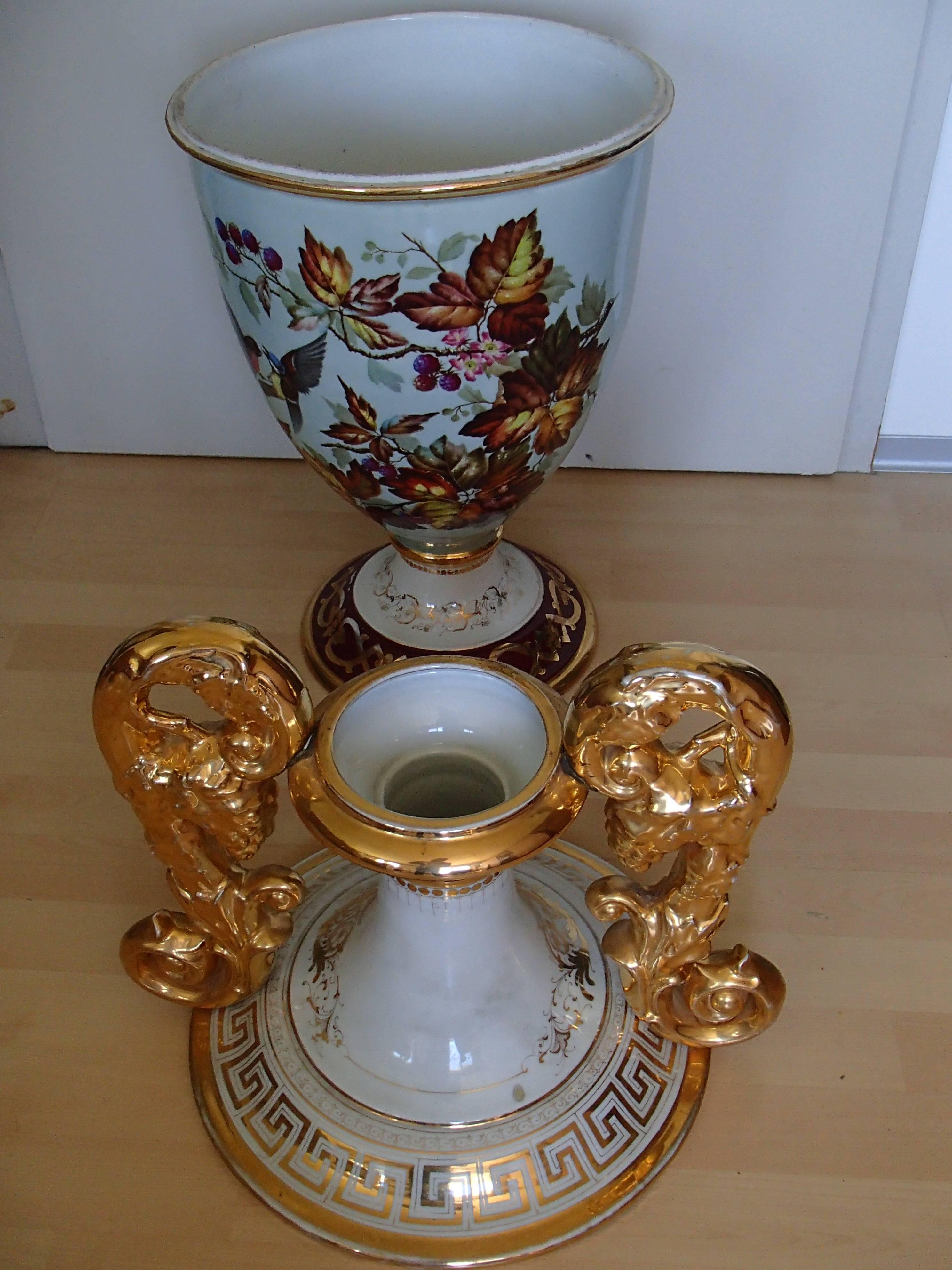 Art Nouveau Huge Porcelain Floor Amphora with Birds Gold Handles by J.Bünzli  For Sale 3