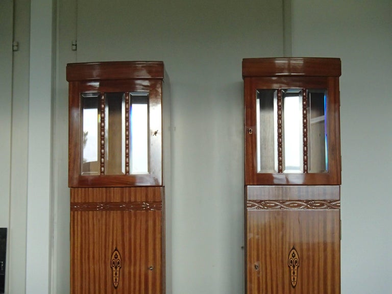 Pair of Art Nouveau Small Armoires or Cabinets Mahogany and Glass with Inlay For Sale 2