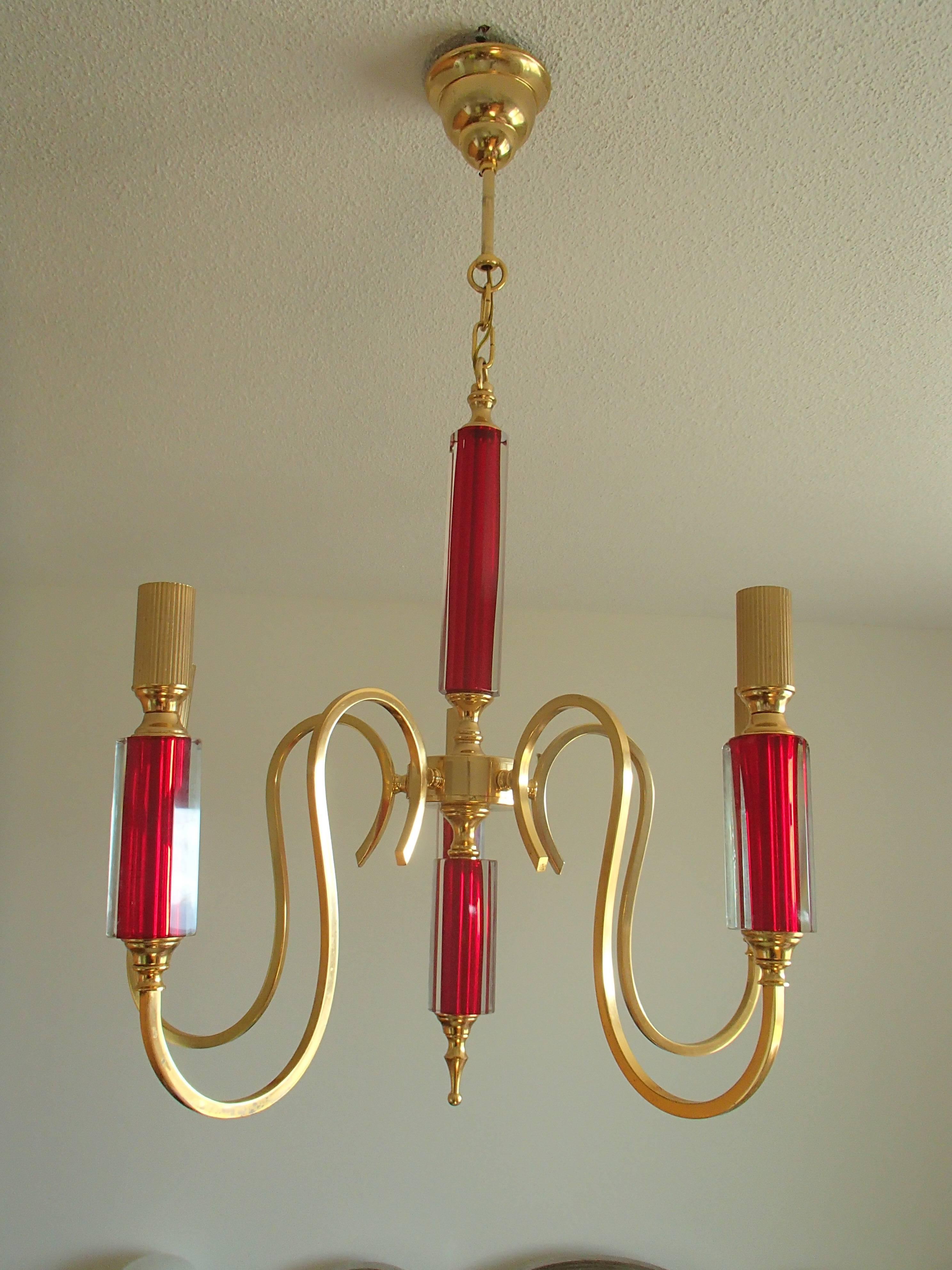 Midcentury five arms chandelier vibrant red Bohemian glass and brass-plated.