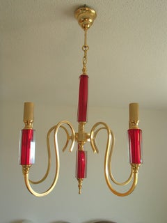 Midcentury Five Arms Chandelier Vibrant Red Bohemian Glass and Brass-Plated