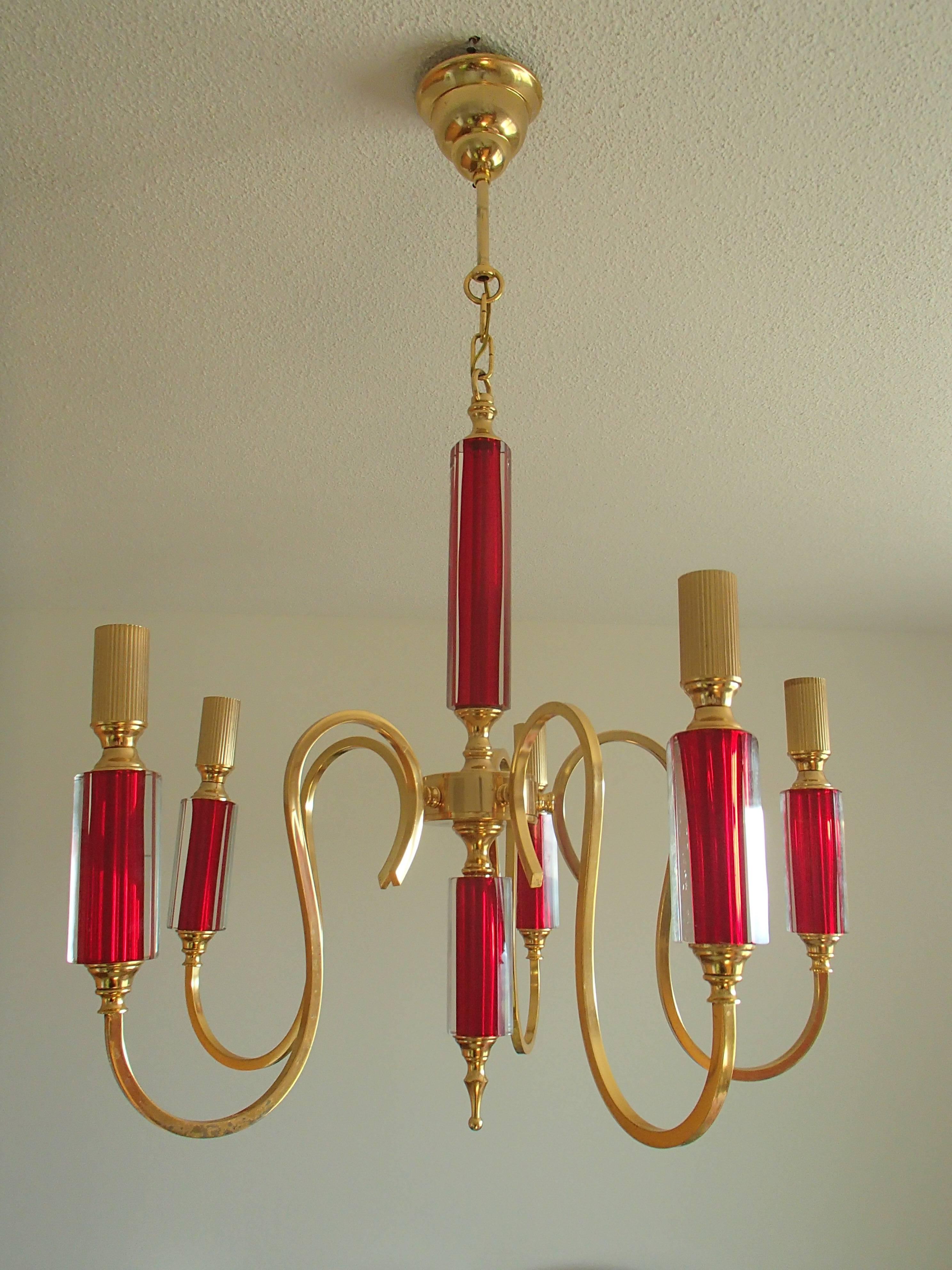 Mid-Century Modern Midcentury Five Arms Chandelier Vibrant Red Bohemian Glass and Brass-Plated For Sale