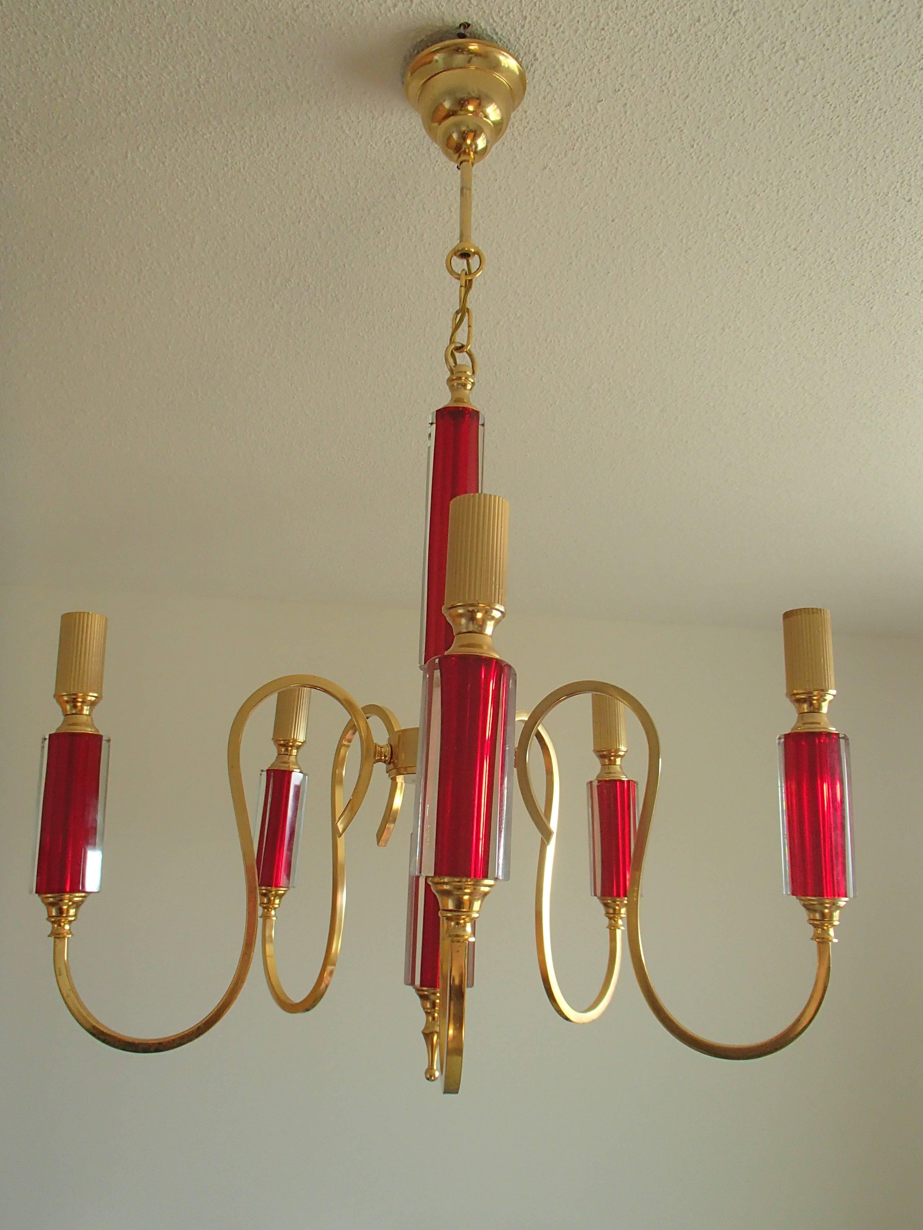 Czech Midcentury Five Arms Chandelier Vibrant Red Bohemian Glass and Brass-Plated For Sale