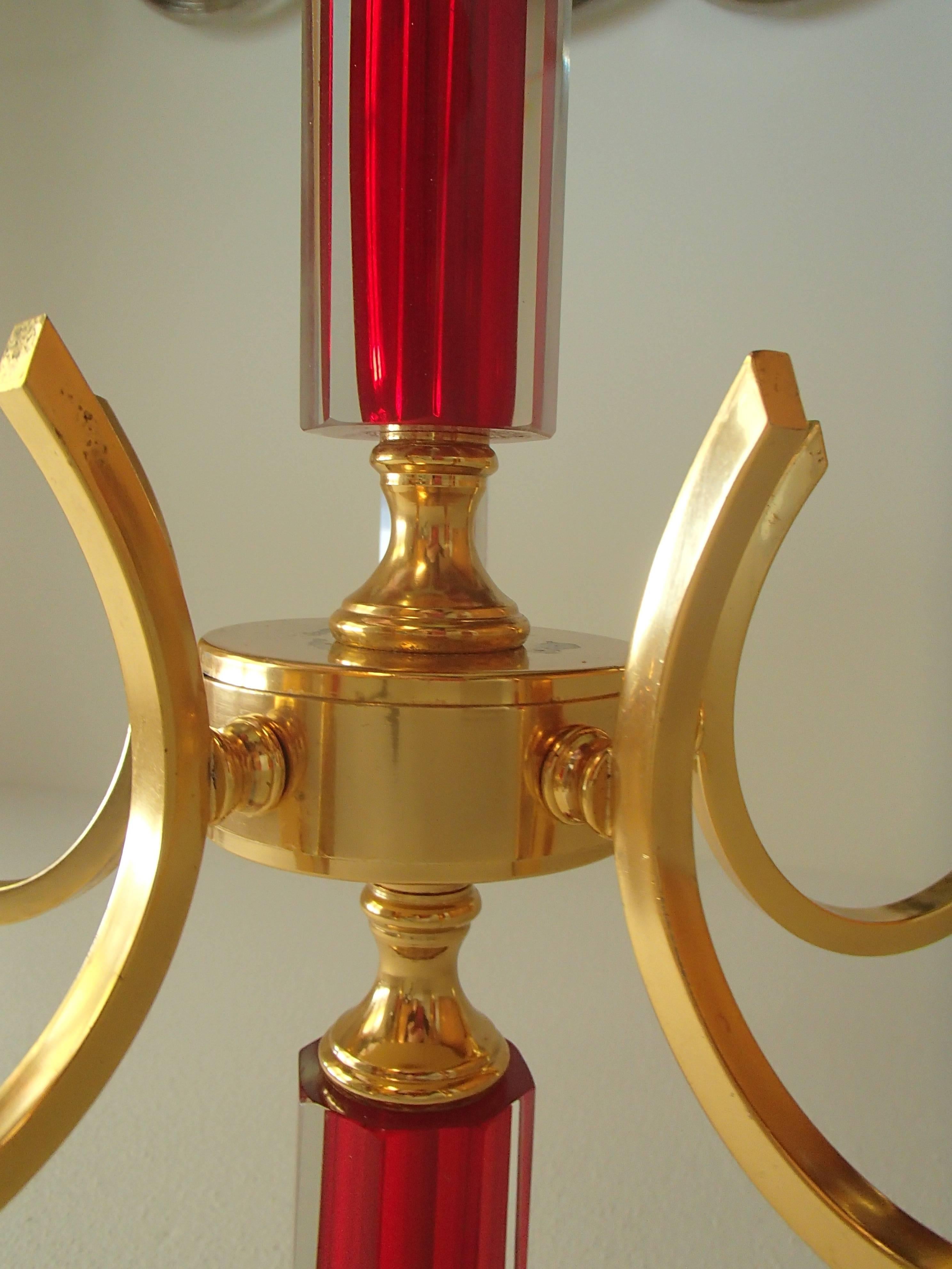 Midcentury Five Arms Chandelier Vibrant Red Bohemian Glass and Brass-Plated For Sale 1