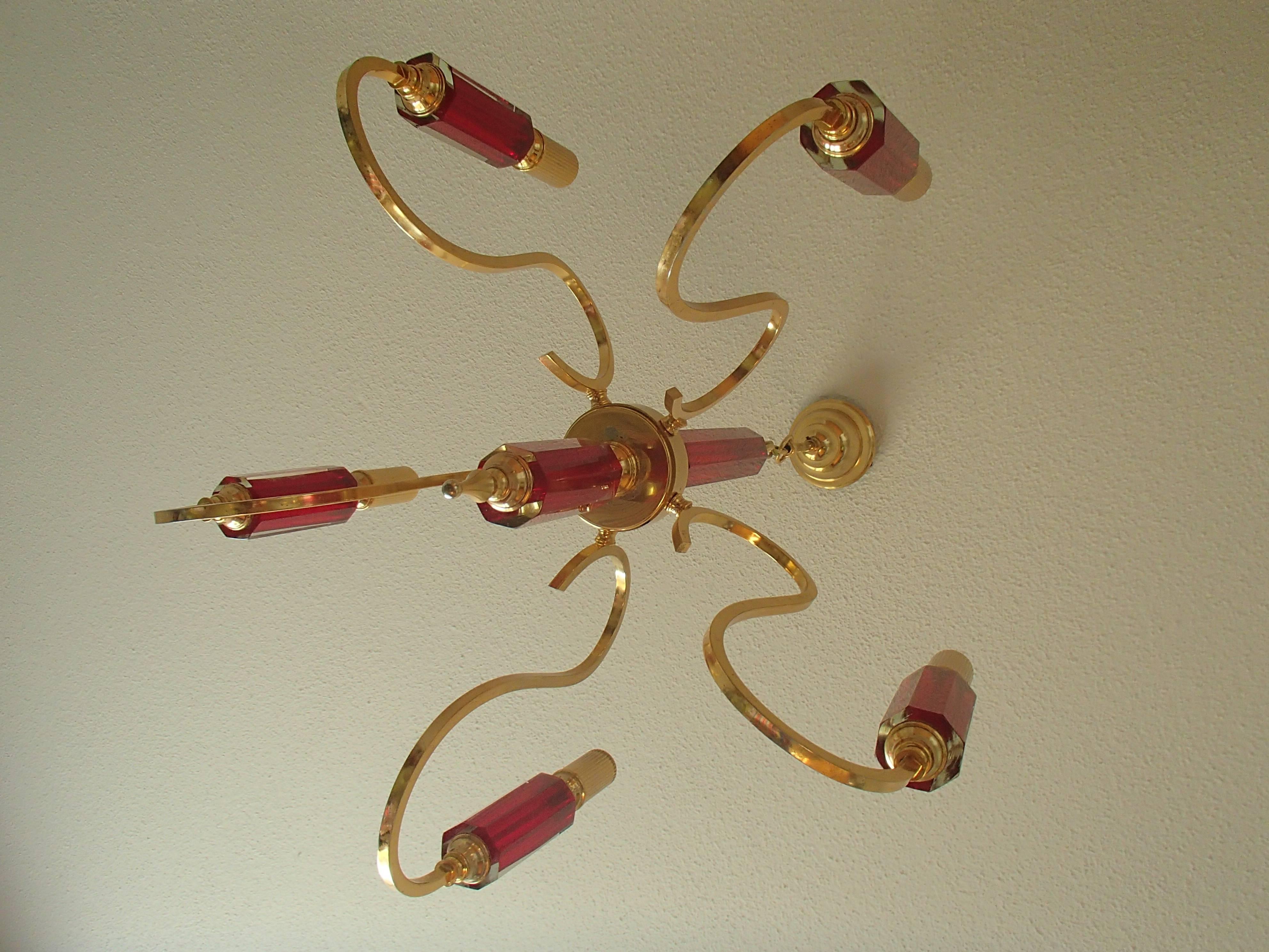 Molded Midcentury Five Arms Chandelier Vibrant Red Bohemian Glass and Brass-Plated For Sale