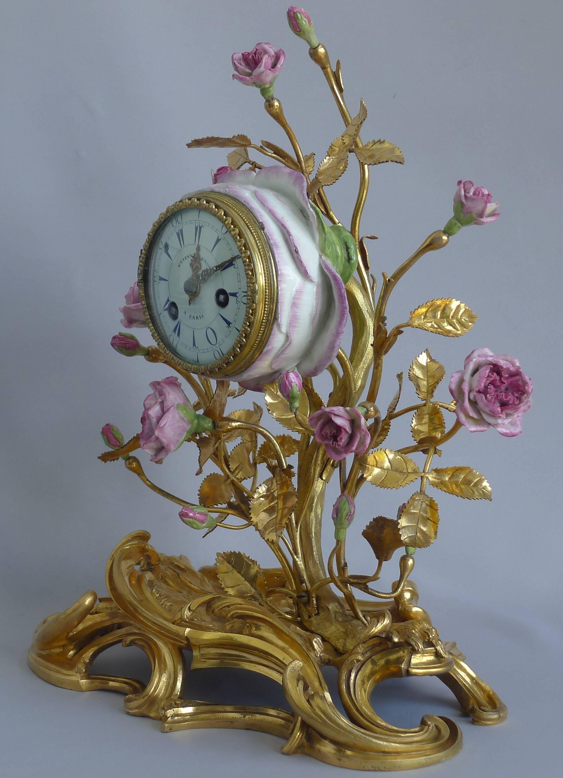 French Fine Louis XV 18th Century Porcelain and Ormolu Mantel Clock by Etienne Lenoir