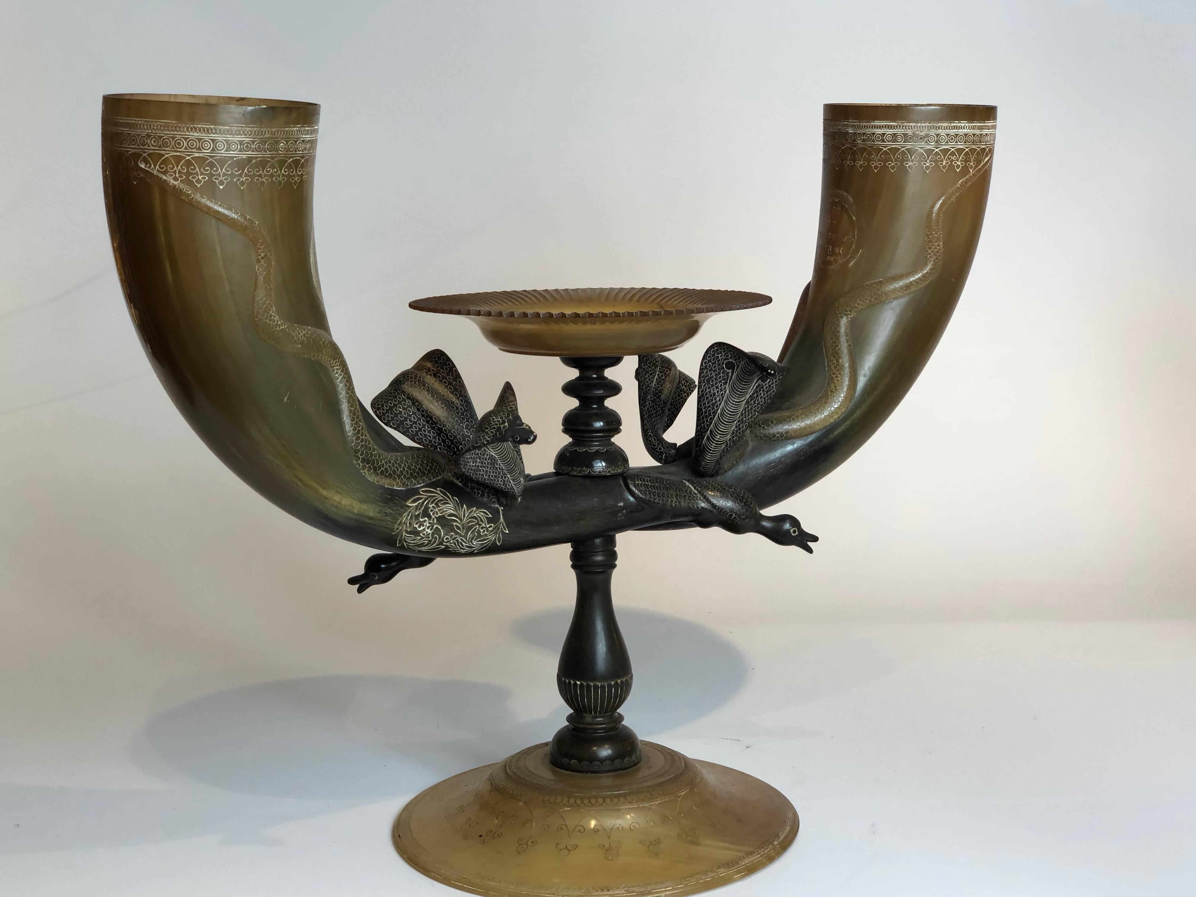 Mid-19th Century 19th Century Indian Carved Horn Centrepiece, Carved Cobras