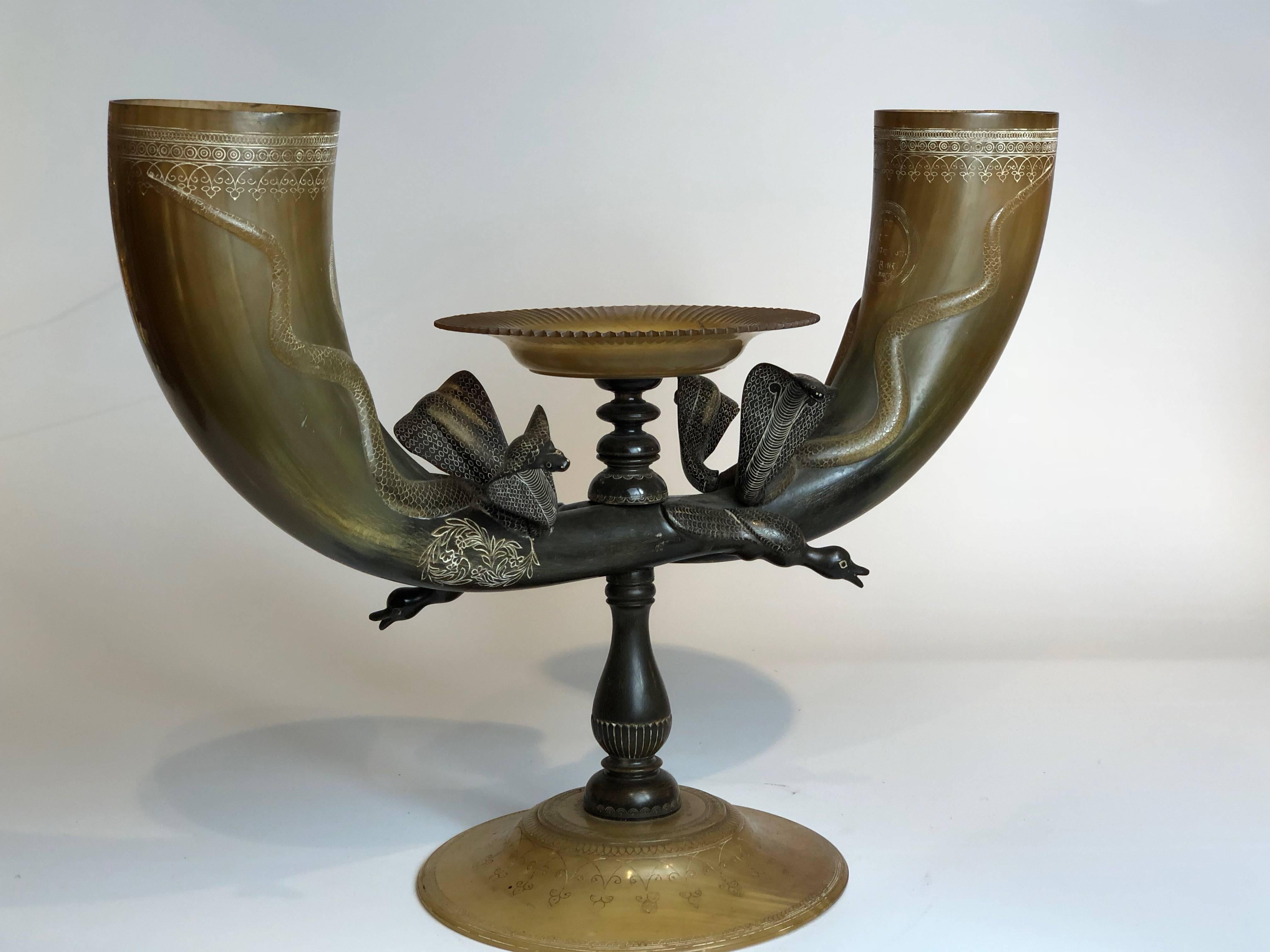 19th Century Indian Carved Horn Centrepiece, Carved Cobras 1