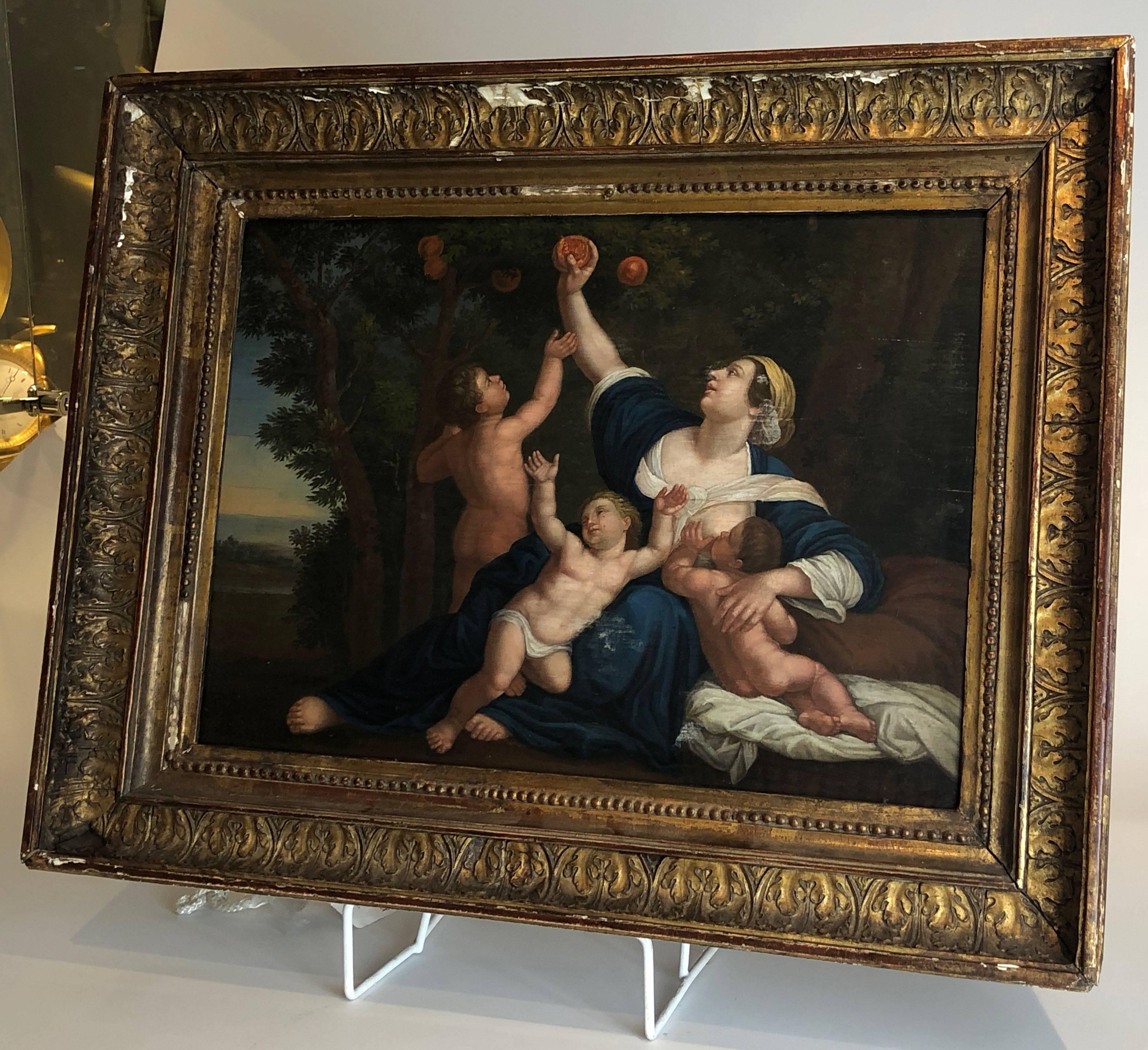 Neoclassical 18th Century Painting of Cupids Fruit Picking, Oil on Panel