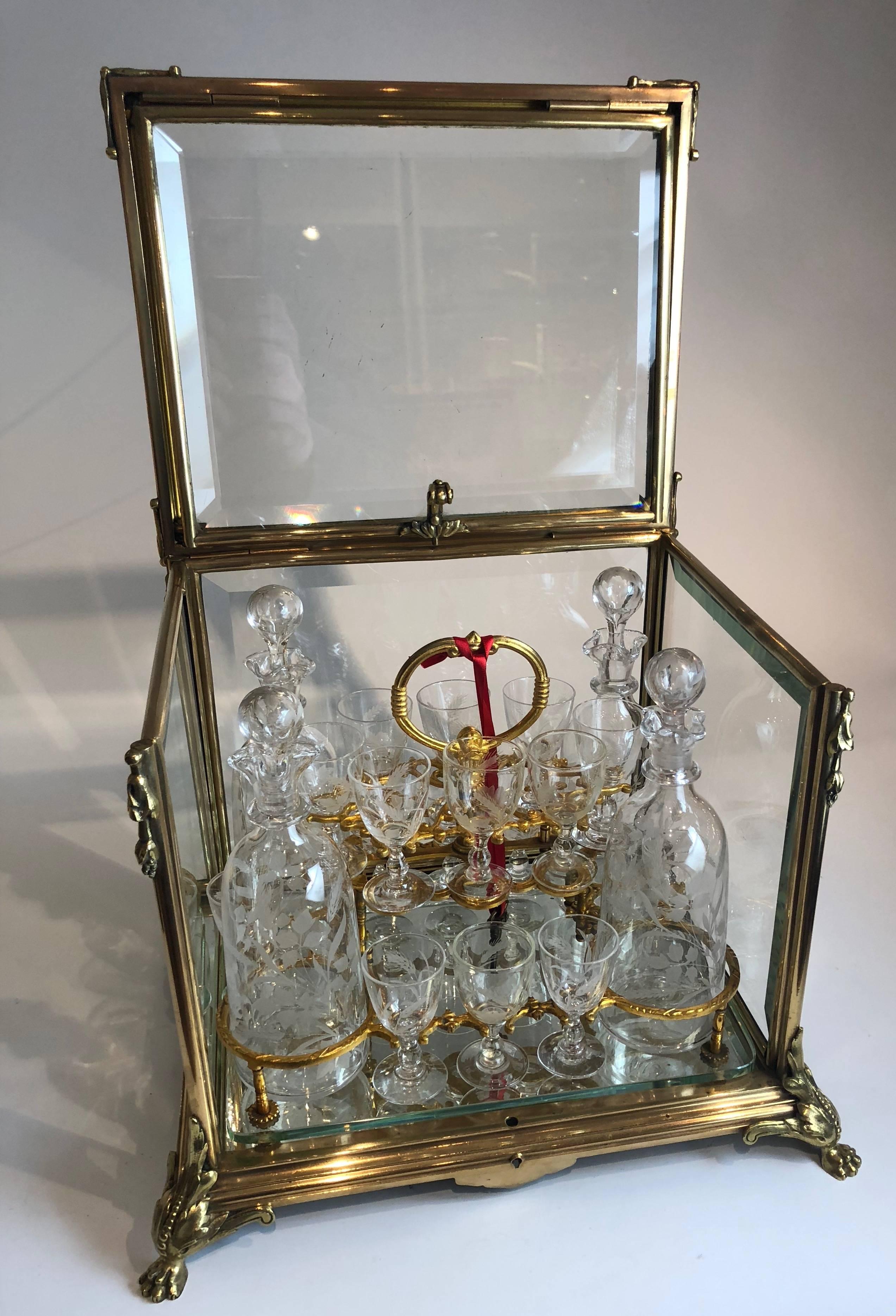 19th Century Liqueur Set in an Ormolu and Glass Casket French Cave à Liqueur, circa 1880