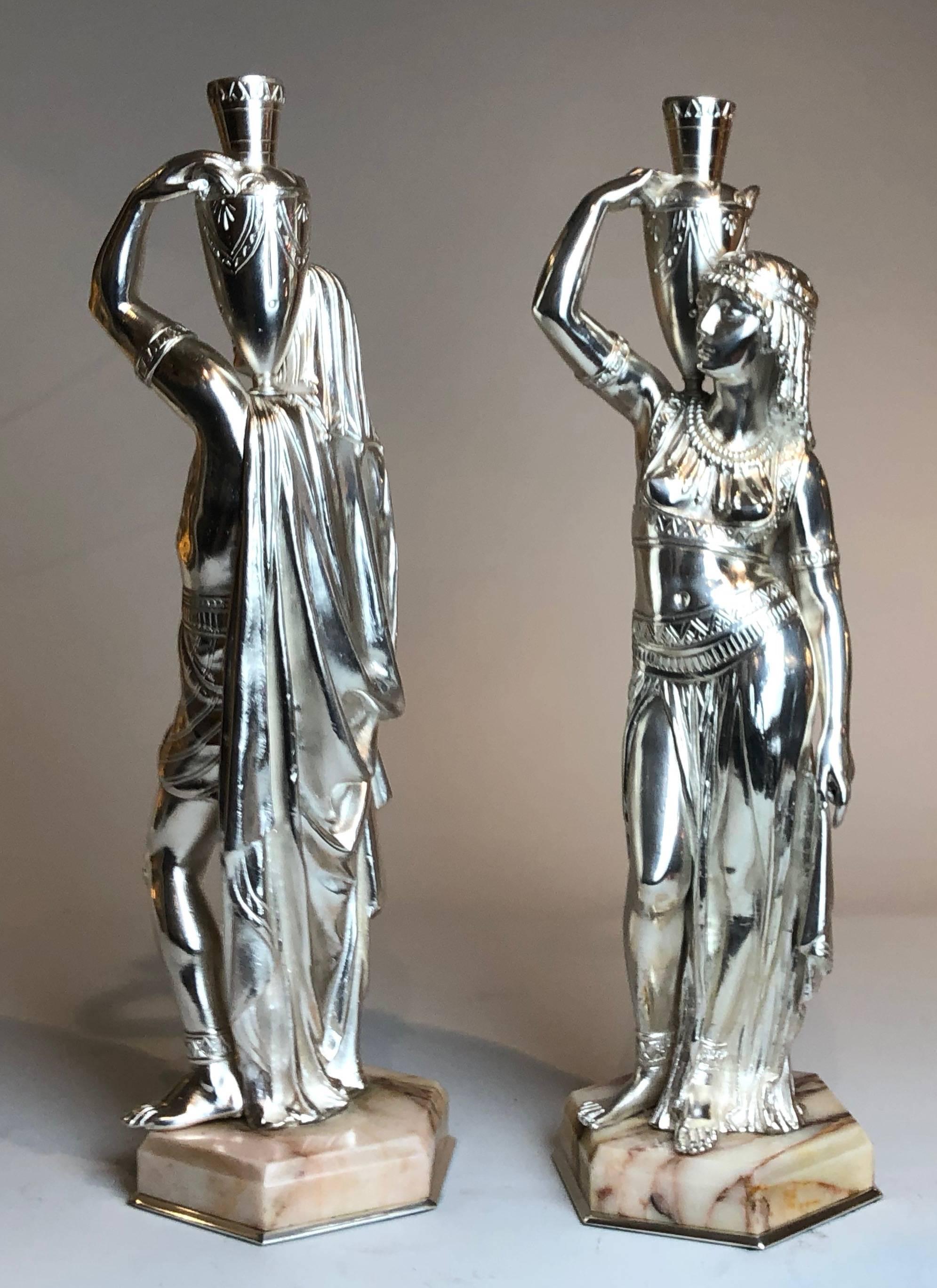 Empire Revival Pair of Antique Silvered Bronze Egyptian Figures on Marble Bases