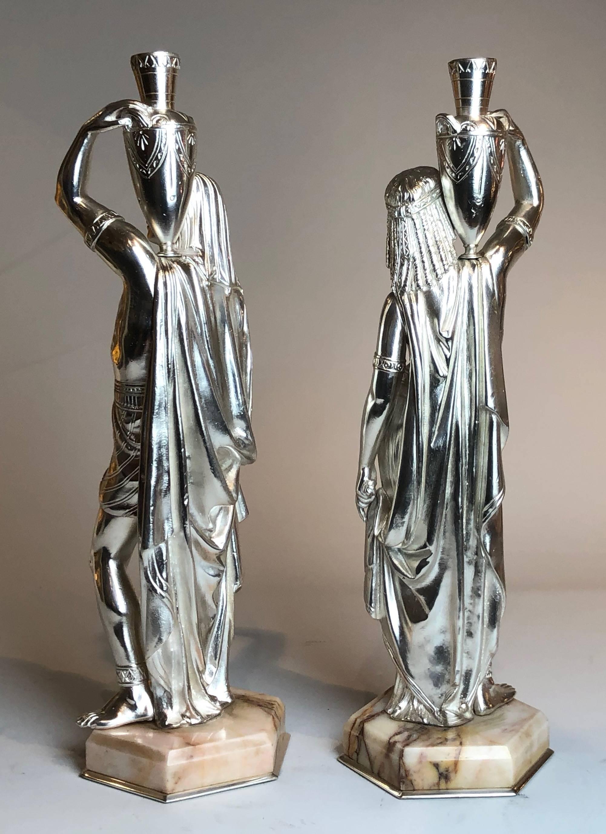 French Pair of Antique Silvered Bronze Egyptian Figures on Marble Bases