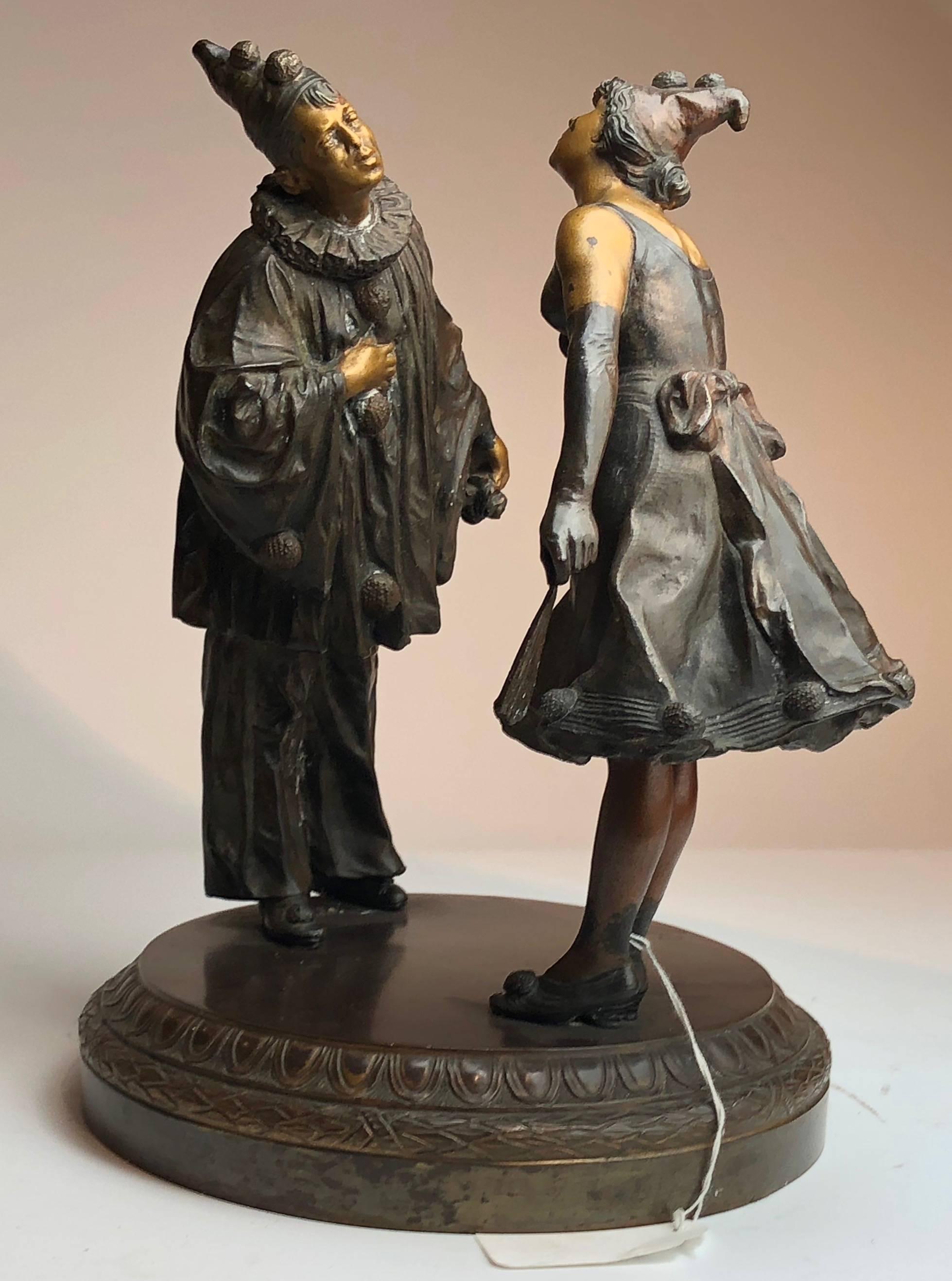 A 19th century Austrian coloured bronze group of pierot the clown and lady about to kiss each on the cheek
Signed Ehleder

Austrian circa 1890
height 28.5 cm