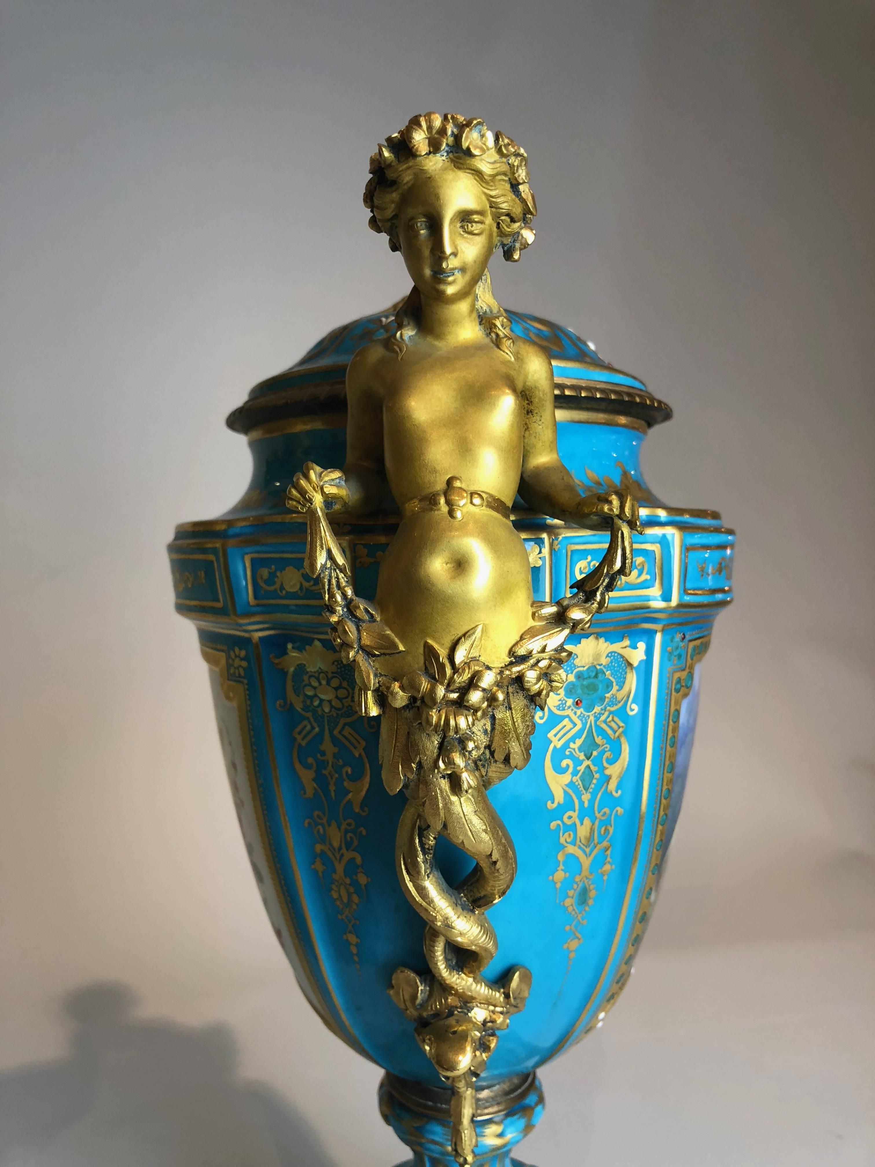 Porcelain Antique Pair of Gilt Bronze-Mounted Sèvres Vase, French, circa 1870