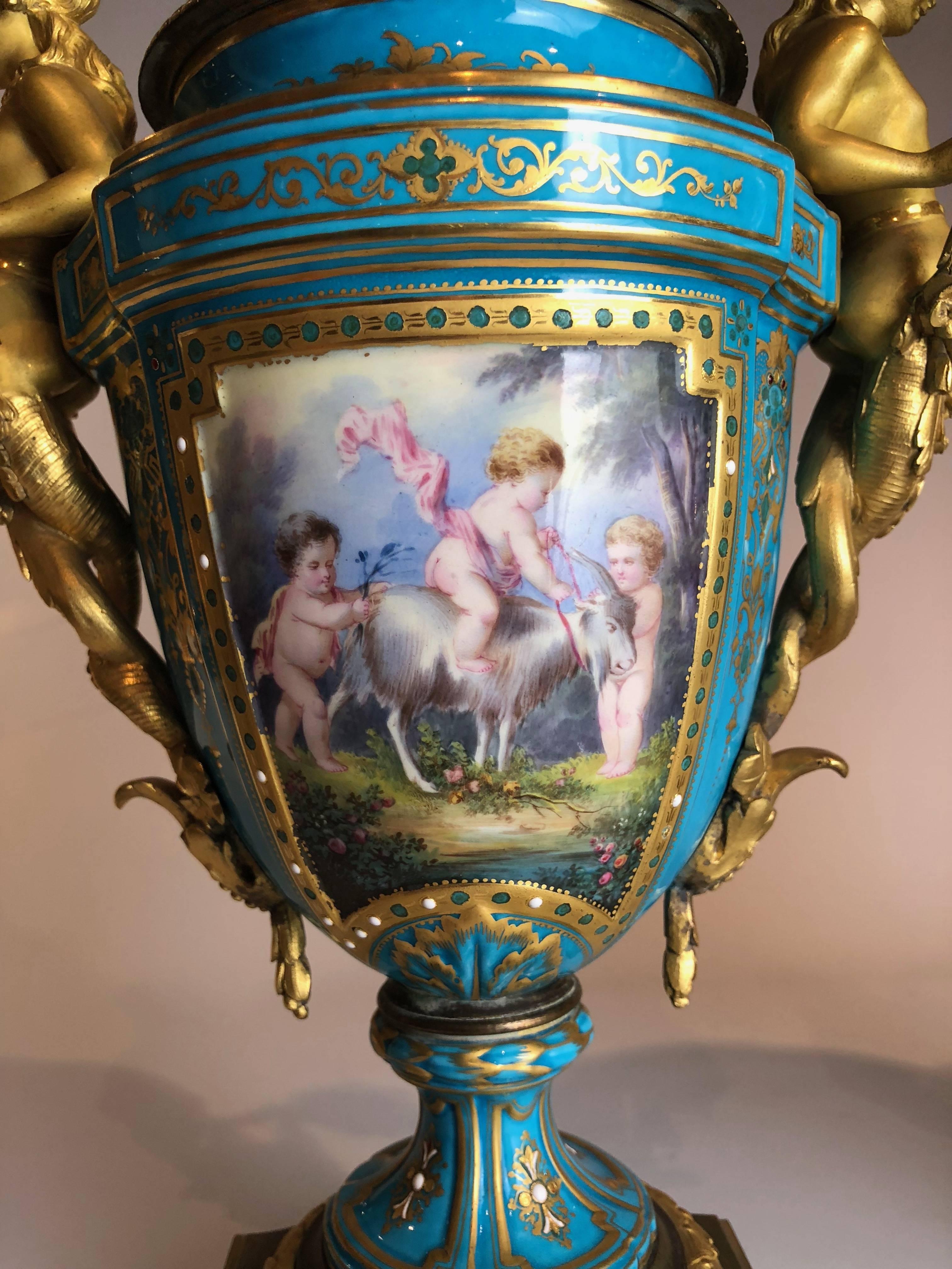 Empire Revival Antique Pair of Gilt Bronze-Mounted Sèvres Vase, French, circa 1870