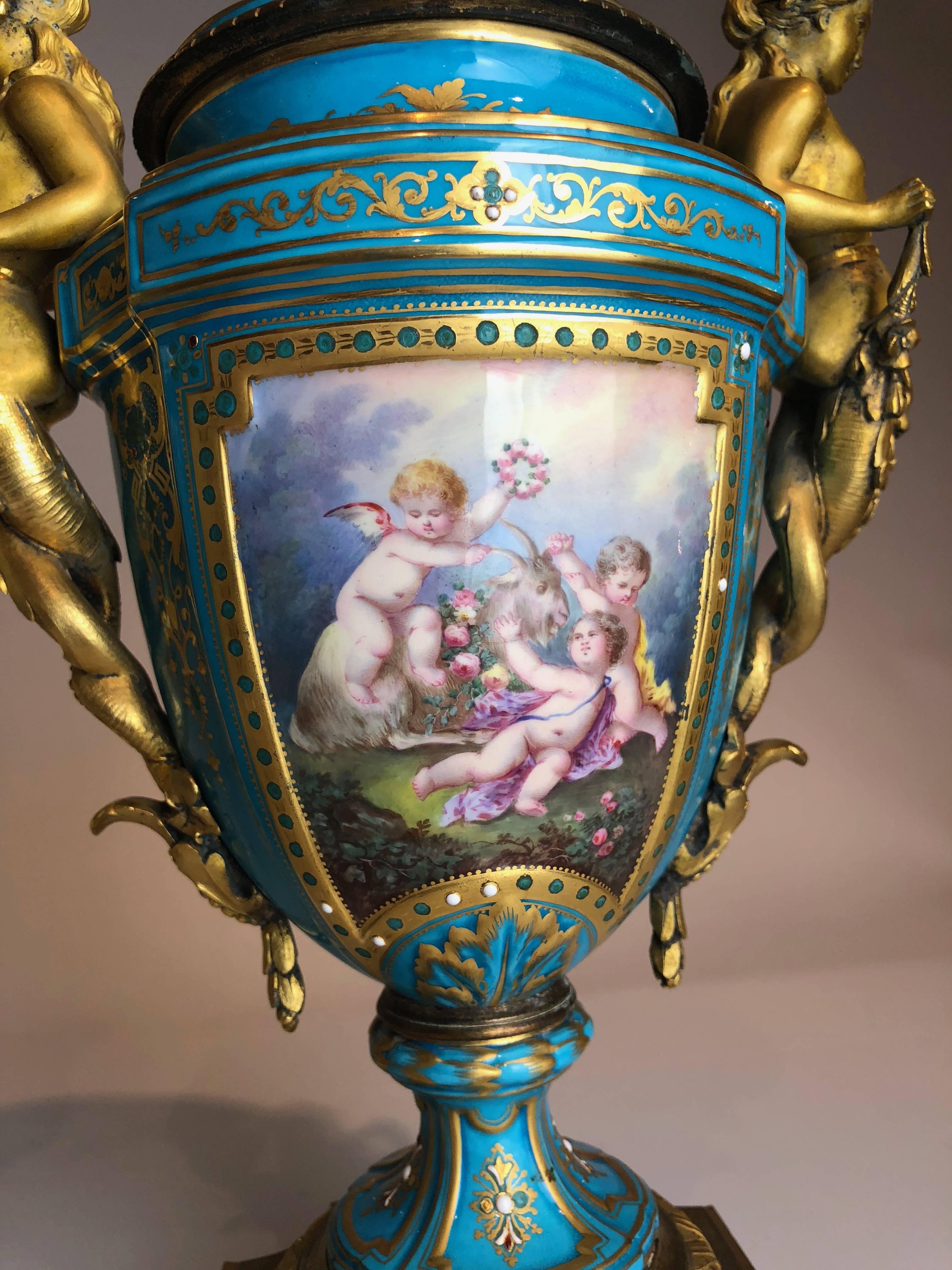 19th Century Antique Pair of Gilt Bronze-Mounted Sèvres Vase, French, circa 1870