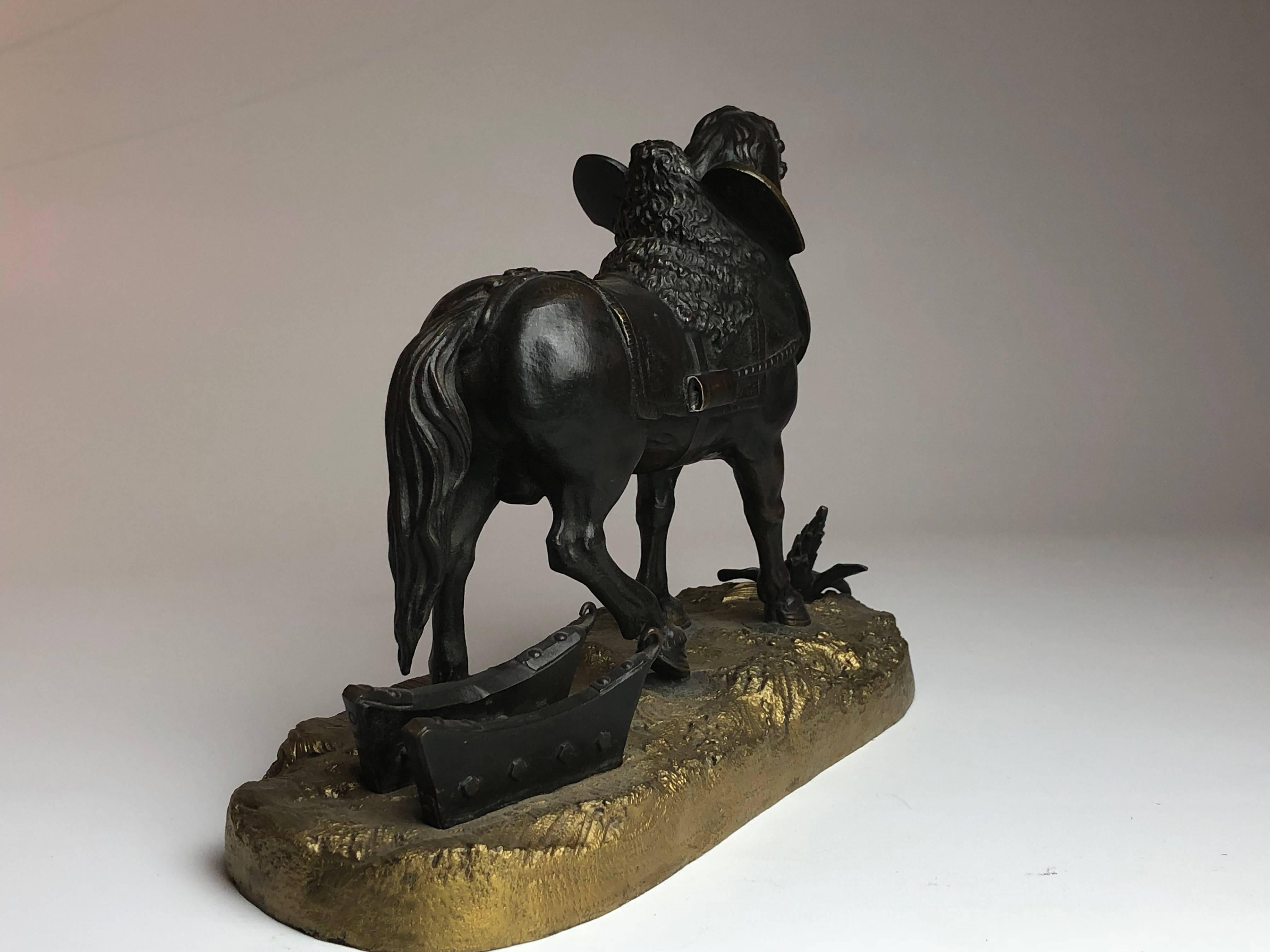 19th Century French Bronze of a Work Horse on Gilded Base 1