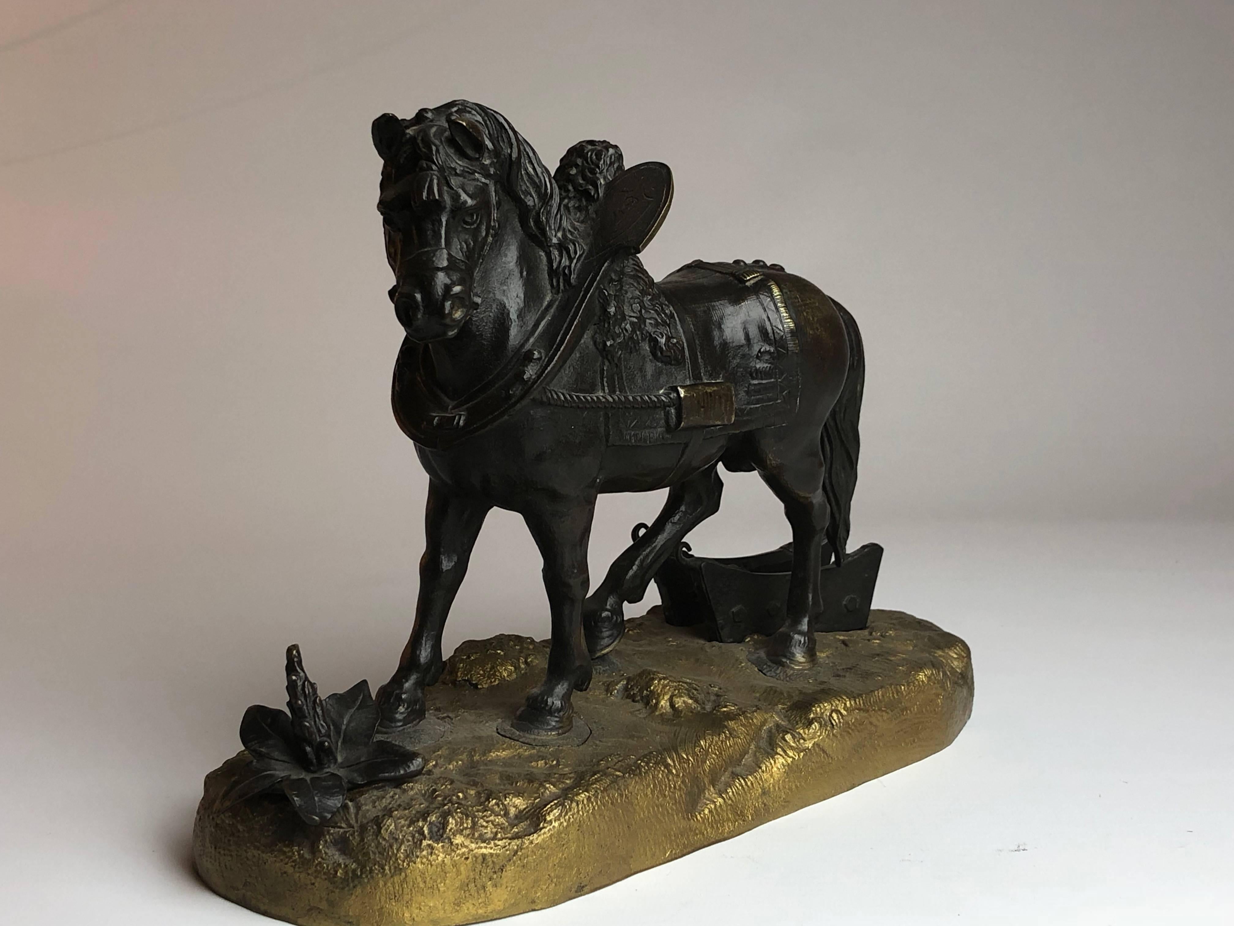 Grand Tour 19th Century French Bronze of a Work Horse on Gilded Base