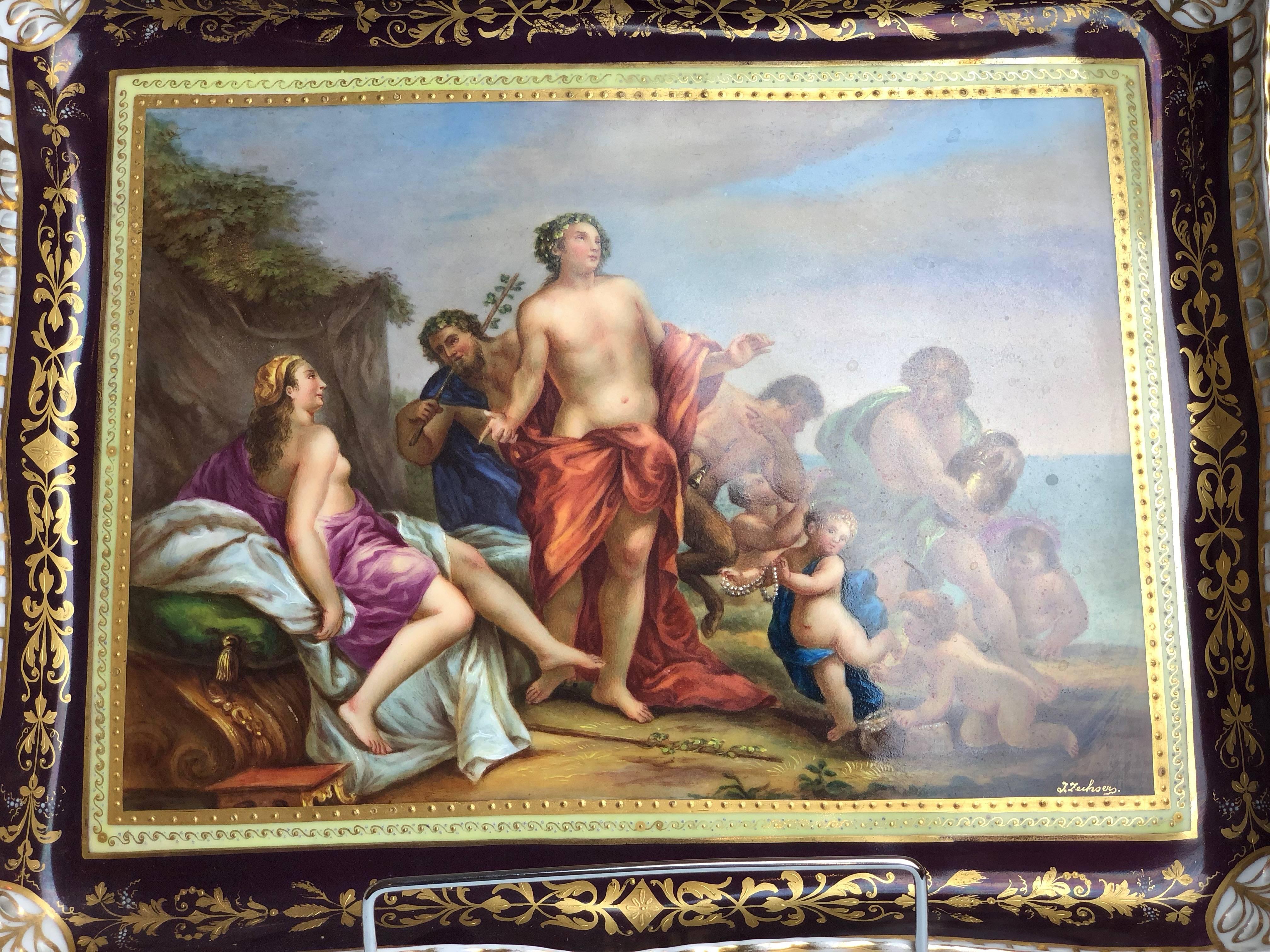 A fantastic quality Viennese, 19th century tray or table centrepiece.

Featuring a painted scene of Bacchus and Ariane

Signed. 
Austria, circa 1880.