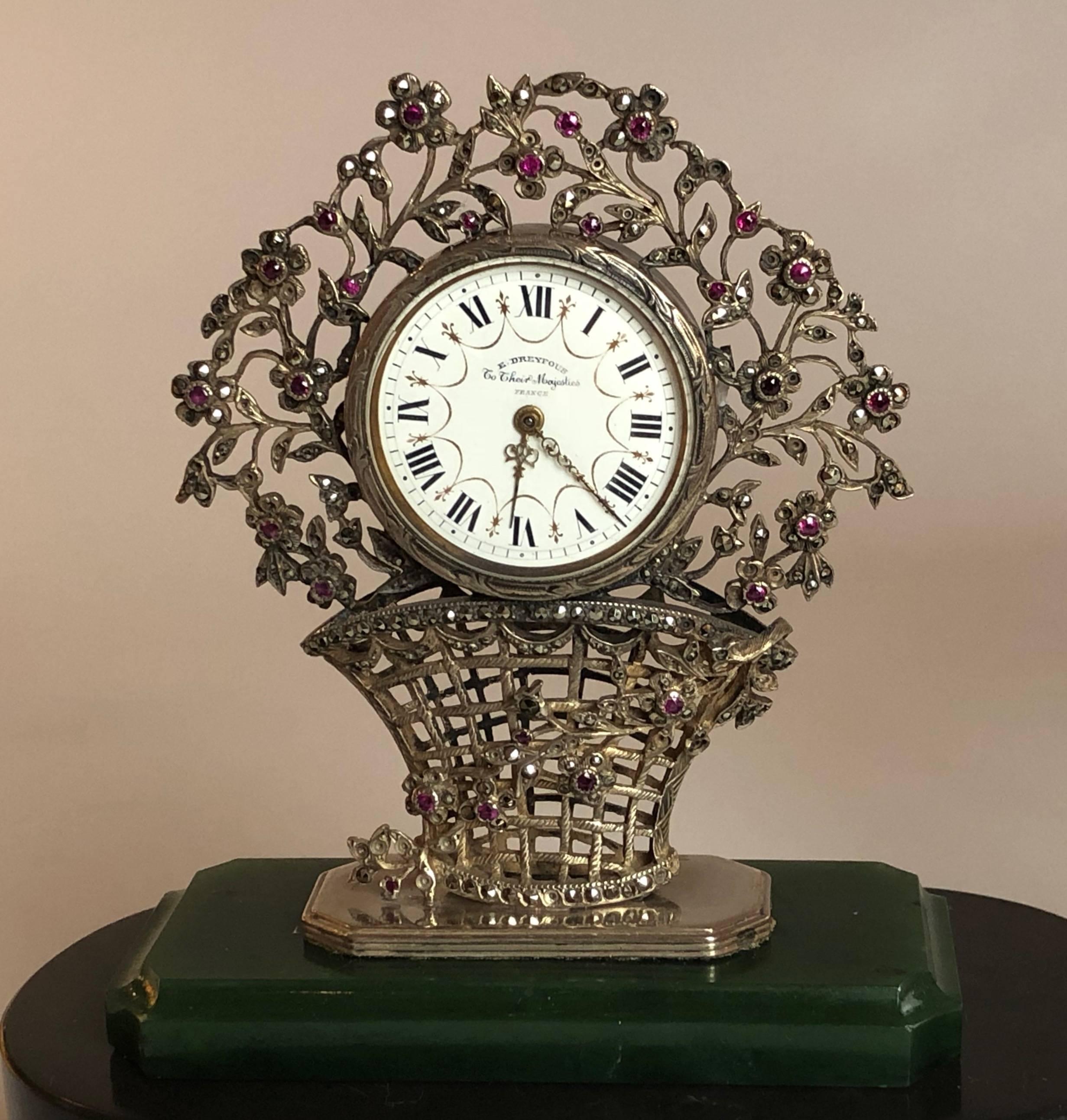 French Silver and Precious Stone Miniature Table Clock by Dreyfous, 1880