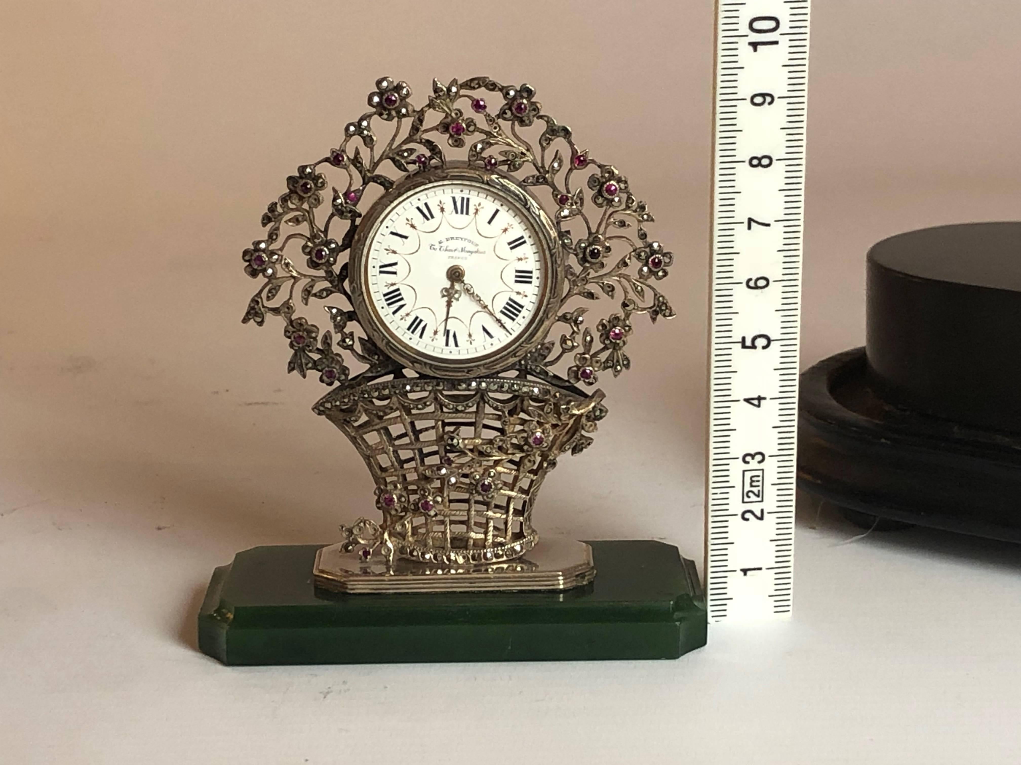 Silver and Precious Stone Miniature Table Clock by Dreyfous, 1880 2