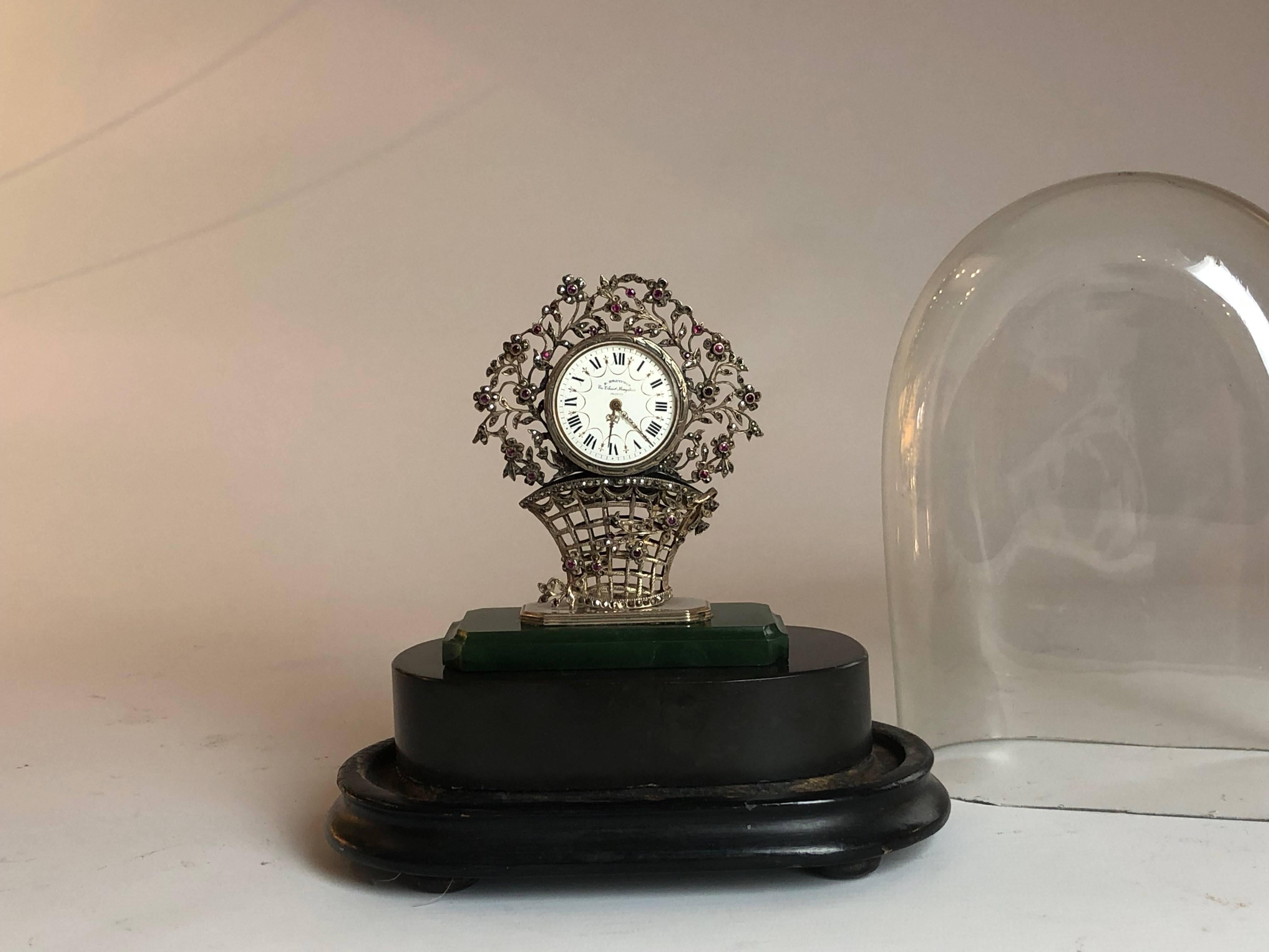 Grand Tour Silver and Precious Stone Miniature Table Clock by Dreyfous, 1880