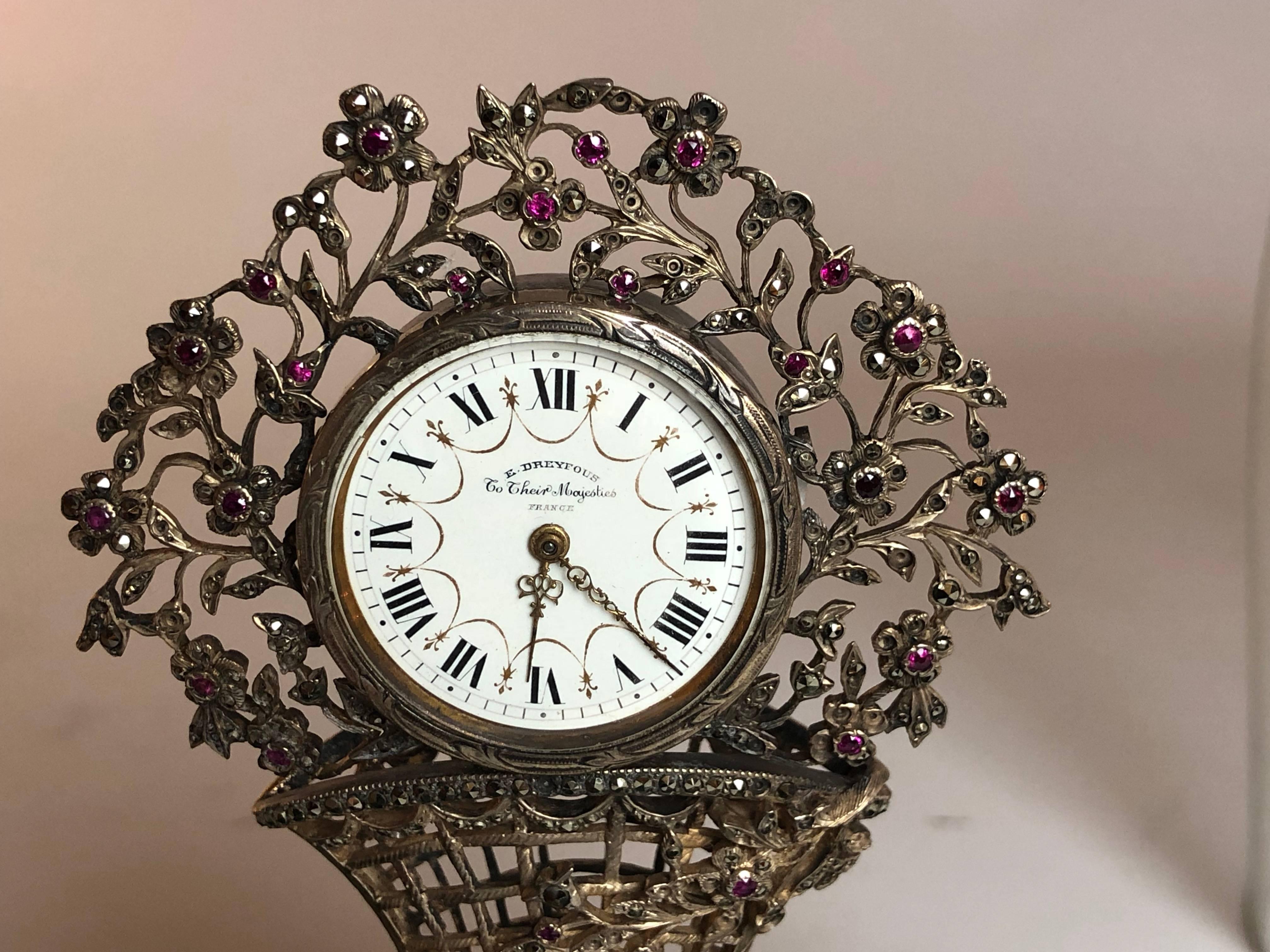 Silver and Precious Stone Miniature Table Clock by Dreyfous, 1880 1
