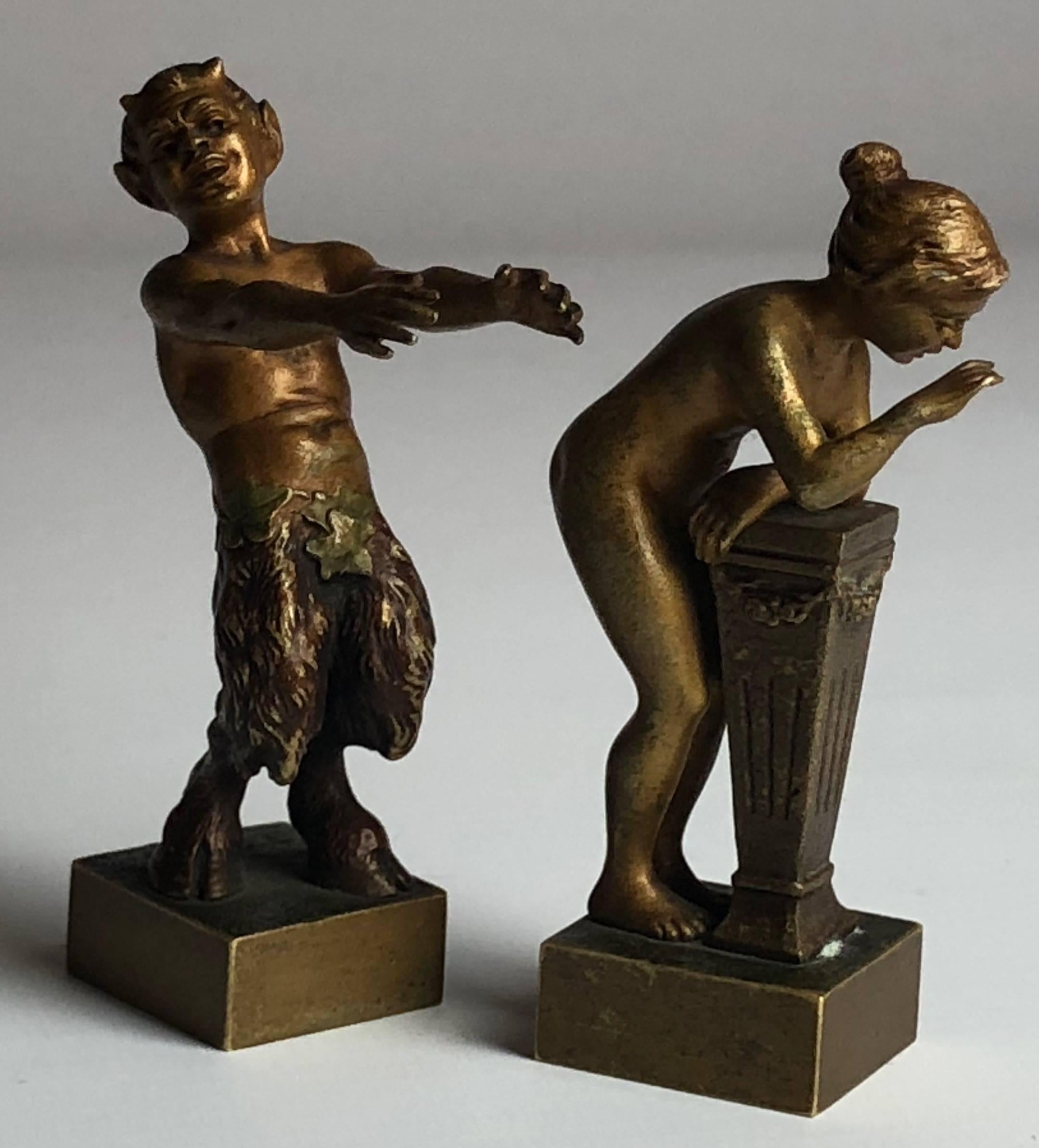 An amusing pair of erotic Vienna bronzes, the nymph and the satyr by Bergman.

Both marked B in the base. 
Cold painted bronze.
Austria

The pair stand 3