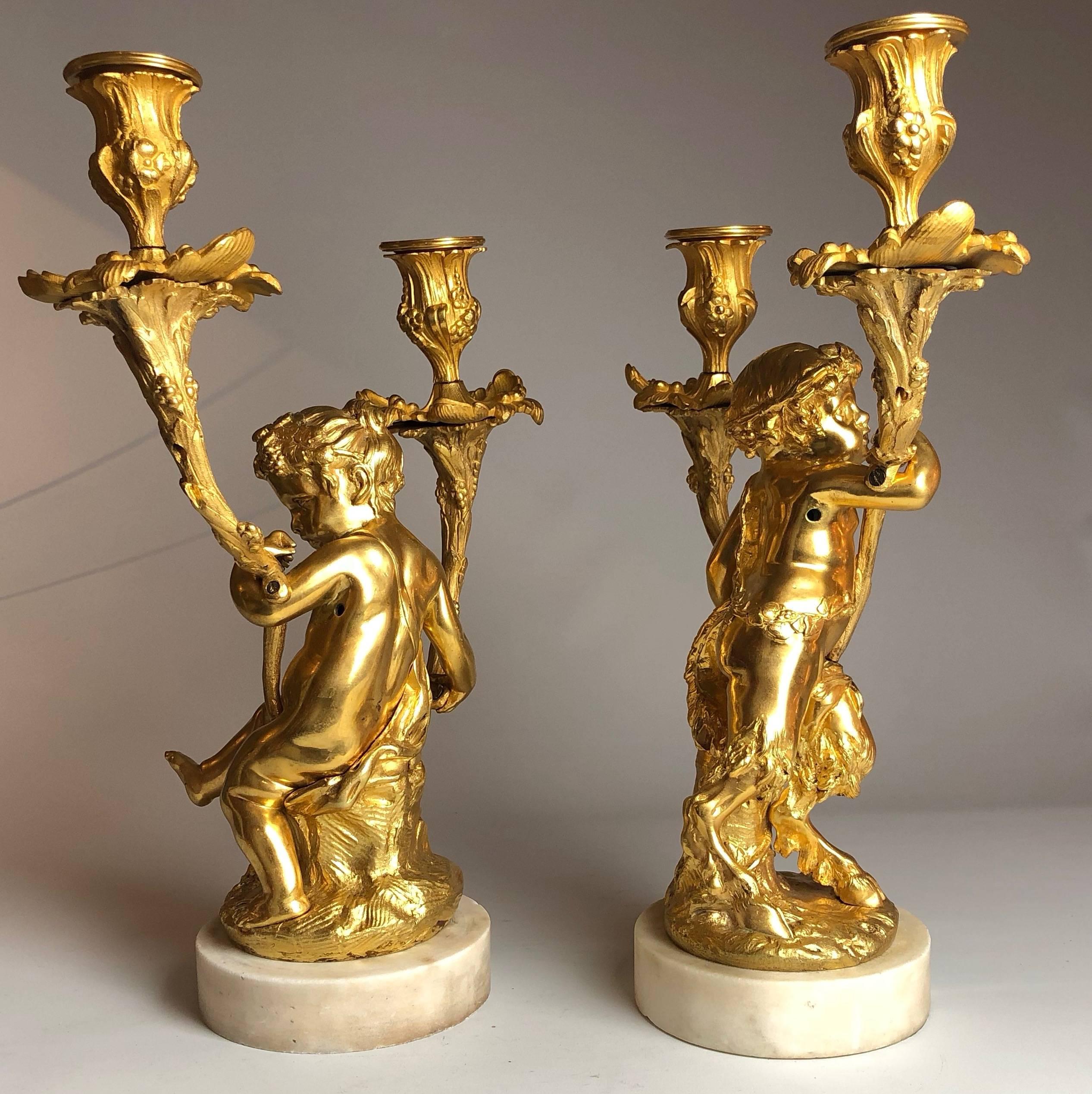 Pair of Gilt Bronze and Marble Candelabra of Cherubs - Putti, French 1860 In Excellent Condition In London, GB