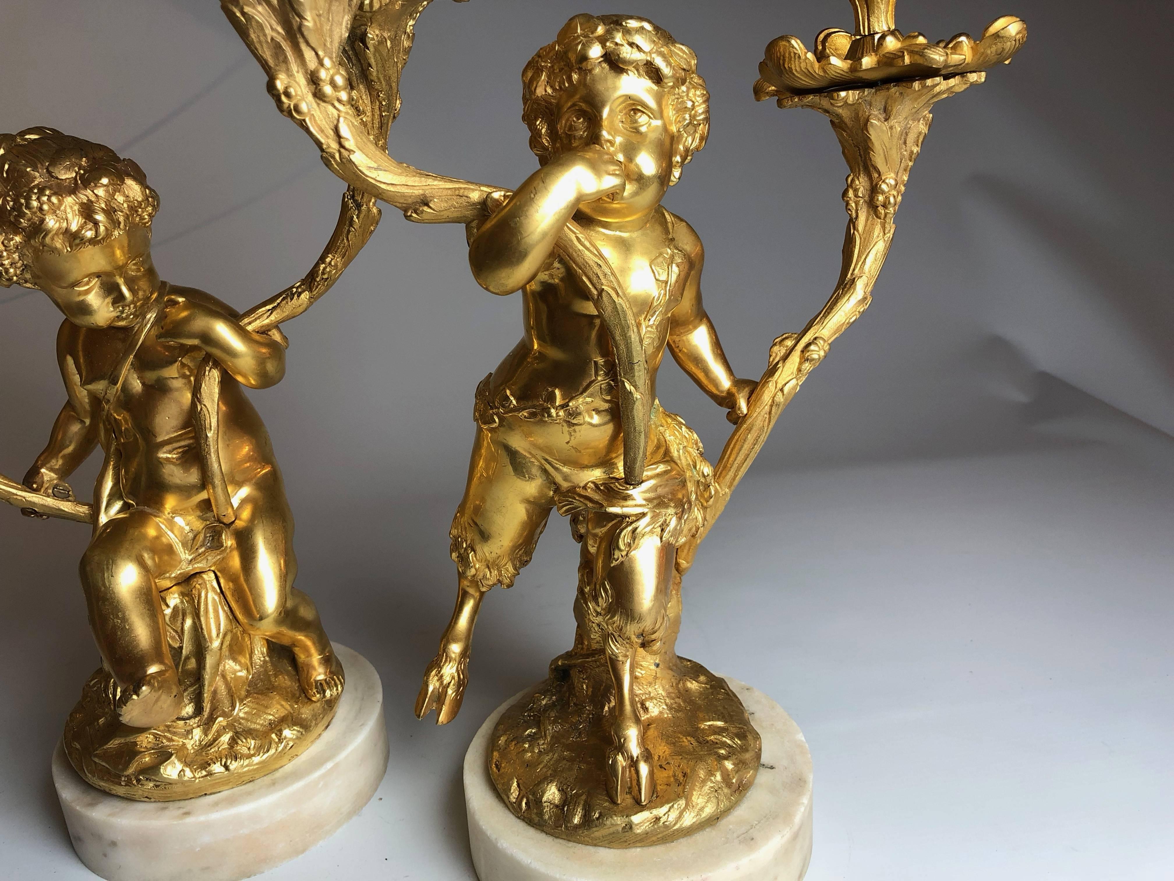 19th Century Pair of Gilt Bronze and Marble Candelabra of Cherubs - Putti, French 1860