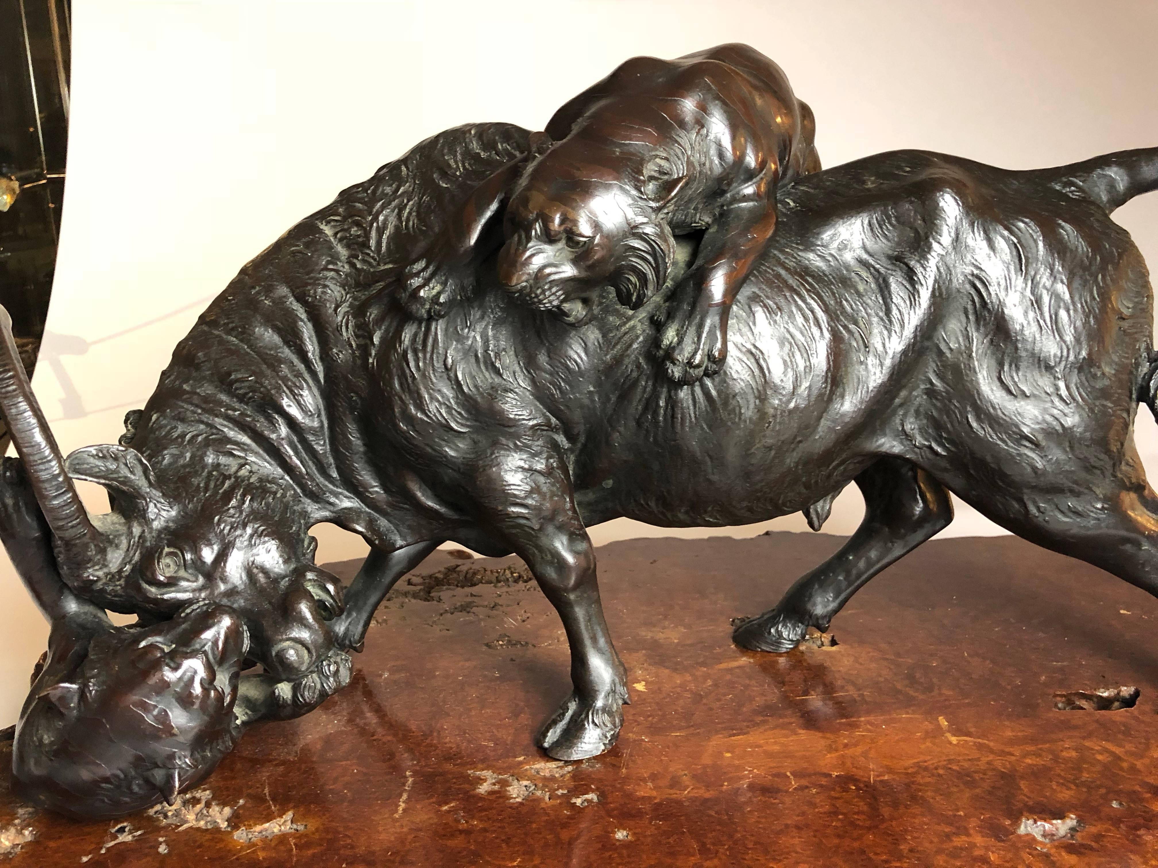 Very Large Meiji Period Japanese Bronze of a Buffalo Being Attacked by Tigers 3